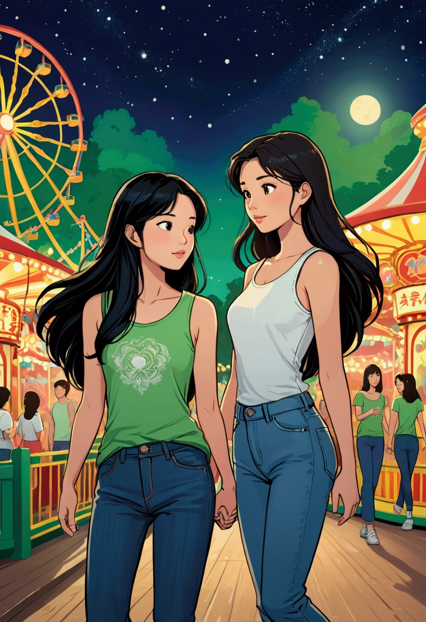 Two beautiful young women in Sarah Kay style, at night in an amusement park. One is Asian with long black hair, dressed in jeans and a white short-sleeved T-shirt with black designs, who stands and looks lovingly at the other young woman, a British woman with light brown hair dressed in jeans and a green sleeveless T-shirt who walks in front of the Asian woman. She looks at her with tenderness and expectation.