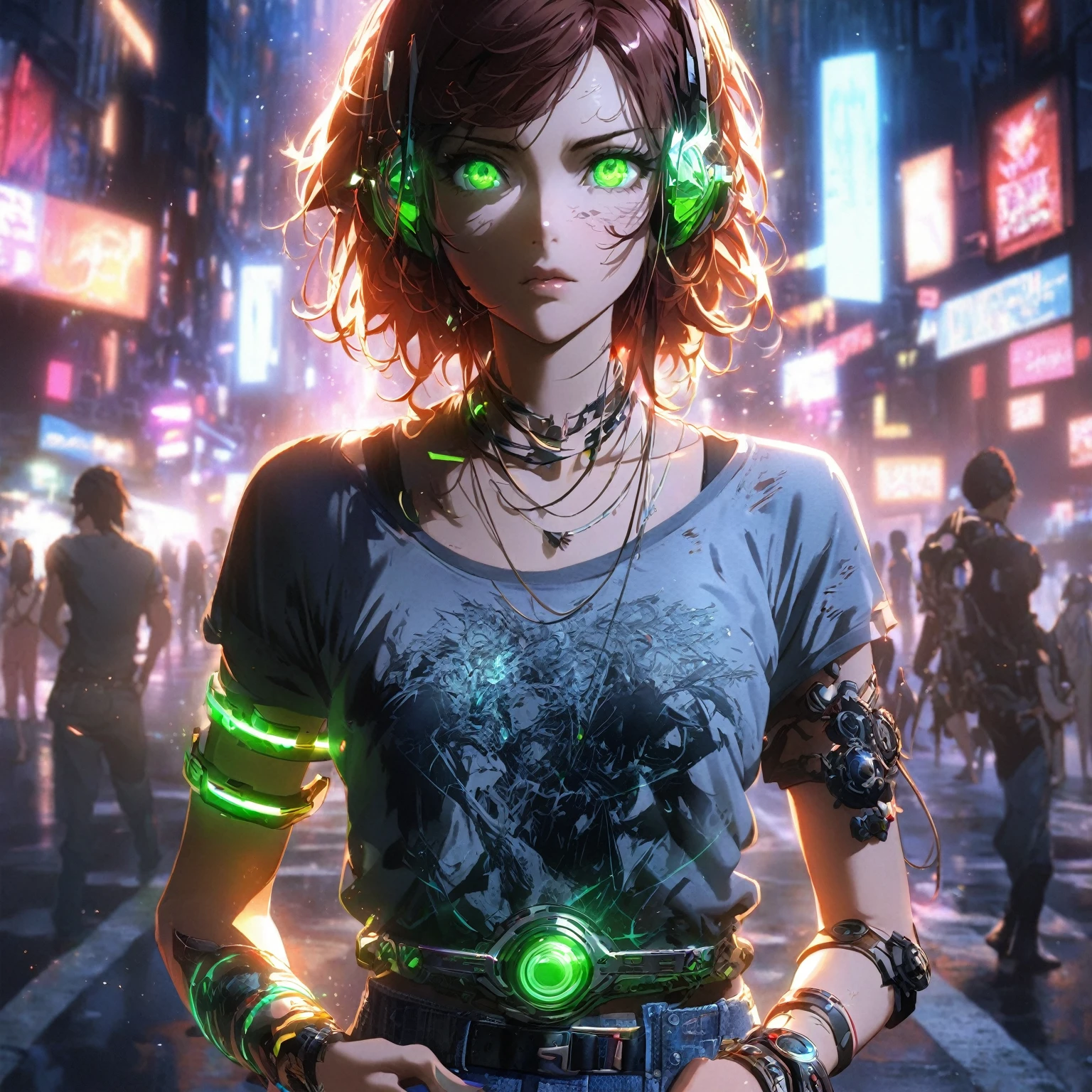 A girl with Echo Flux Control, tousled auburn hair, falling loosely around her shoulders, bright green eyes, reflecting sound waves, a slender, athletic build, wearing a casual outfit of a fitted, graphic t-shirt, and distressed jeans, (nude:0.8), with a pair of sleek, intricate mechanical bracelets on each wrist, a high-tech belt with glowing accents, and a set of advanced ear cuffs, always in use, her stance relaxed yet poised, standing in a bustling urban street, neon signs flickering in the background, with subtle sound wave distortions around her, hinting at her power, striking a dynamic pose with one hand extended forward, as if channeling or manipulating sound waves, while the other hand rests casually on her hip, city lights casting dynamic reflections and shadows, detailed gorgeous face| anime style| key visual| intricate detail| highly detailed| breathtaking| vibrant| panoramic| cinematic| Carne Griffiths| Conrad Roset| gibbli 8k.