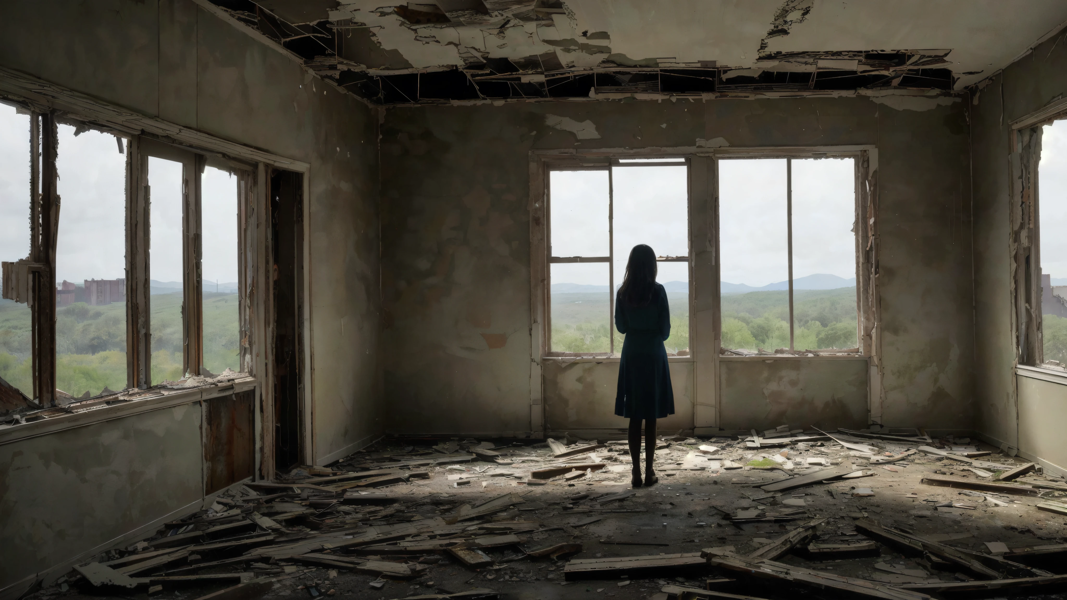 arafed woman standing in an abandoned building staring outside a window, standing in an abandoned building, in an abandoned and desolate house, standing in ruins, I looked at the big window, looking out of the window, staring outside a window, in an abandoned house, in ruins, staring outside the window, inspired by Elsa Bleda, staring outside, staring outside window, near a window window