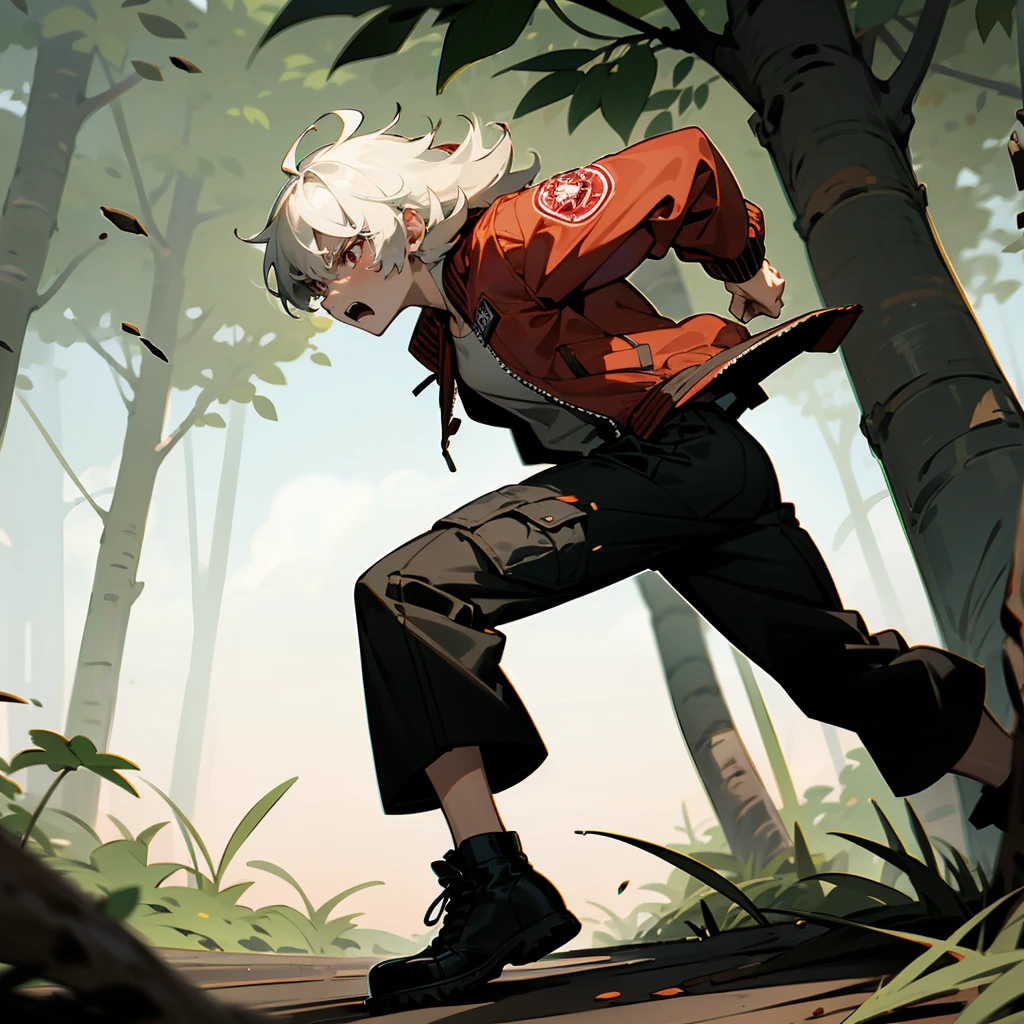 1male, White Hair, Red Bomber Jacket, Shaggy Hair, Black Cargo Pants, Combat Boots, Red Eyes, Angry Expression, Average Build, Scout, Adult Male, Jungle, Running through the Trees