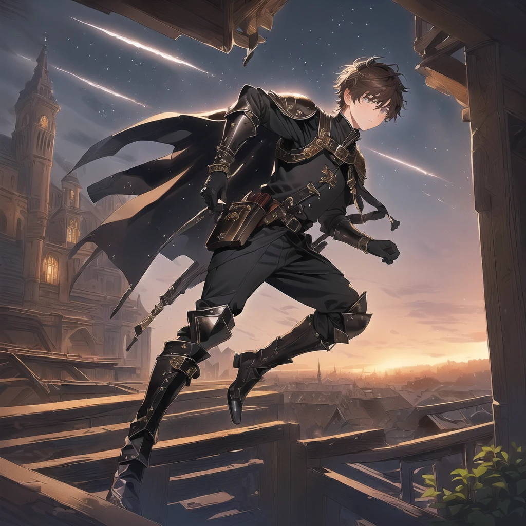 (artistry, best qualityer, ultradetailed, high resolution, 4K),(beautiful detailed eyes),(very highly detailed face),(1 young boy),HDR, Young man, 18-years old, shorth hair, brown hair, eyes browns, medieval black pants, black medieval boots, black gloves, Wearing a Cape, thief costume, cargo pants, many belts, black leather armor, environmental background, fantasia clothing, standing alone