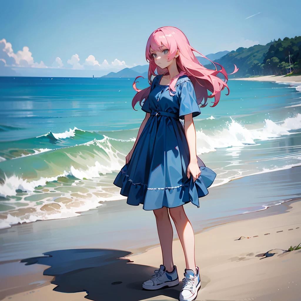 1female, Pink Hair, Blue Summer Dress, Straight Hair, White Sneakers, Casual Attire, Grey Eyes, Serious Expression, Tall, Wave Controller, Adult Female, Beach, Standing by the Shore