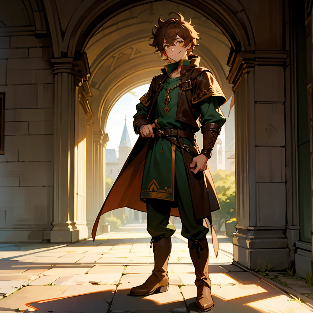 1male, Brown Hair, Green Medieval Tunic, Messy Hair, Leather Boots, Fantasy Attire, Yellow Eyes, Smiling, Athletic, Perfect Generation, Adult Male, Castle, Standing in the Courtyard