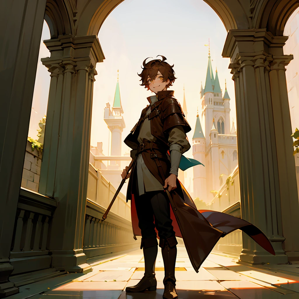 1male, Brown Hair, Green Medieval Tunic, Messy Hair, Leather Boots, Fantasy Attire, Yellow Eyes, Smiling, Athletic, Perfect Generation, Adult Male, Castle, Standing in the Courtyard