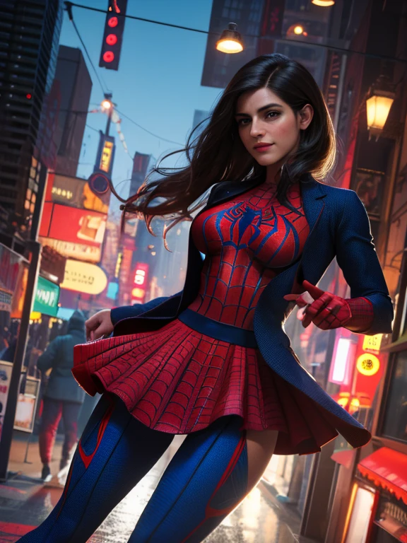 Indian spider girl, spider man suit with web patterns, short red skirt with wed pattern, spider man suit,Marvel on the city street, cinematic light, beautiful woman, skinny, medium breasts, black long hair, detailed face, smile, facing the camera, photo taken from a distance, She wears Spider-Man suit, red and black color scheme, spider logo on chest, perfect composition, hyperrealistic, super detailed, 8k, high quality, trending art, trending on artstation, sharp focus, studio photo, intricate details, highly detailed, art by greg rutkowski
