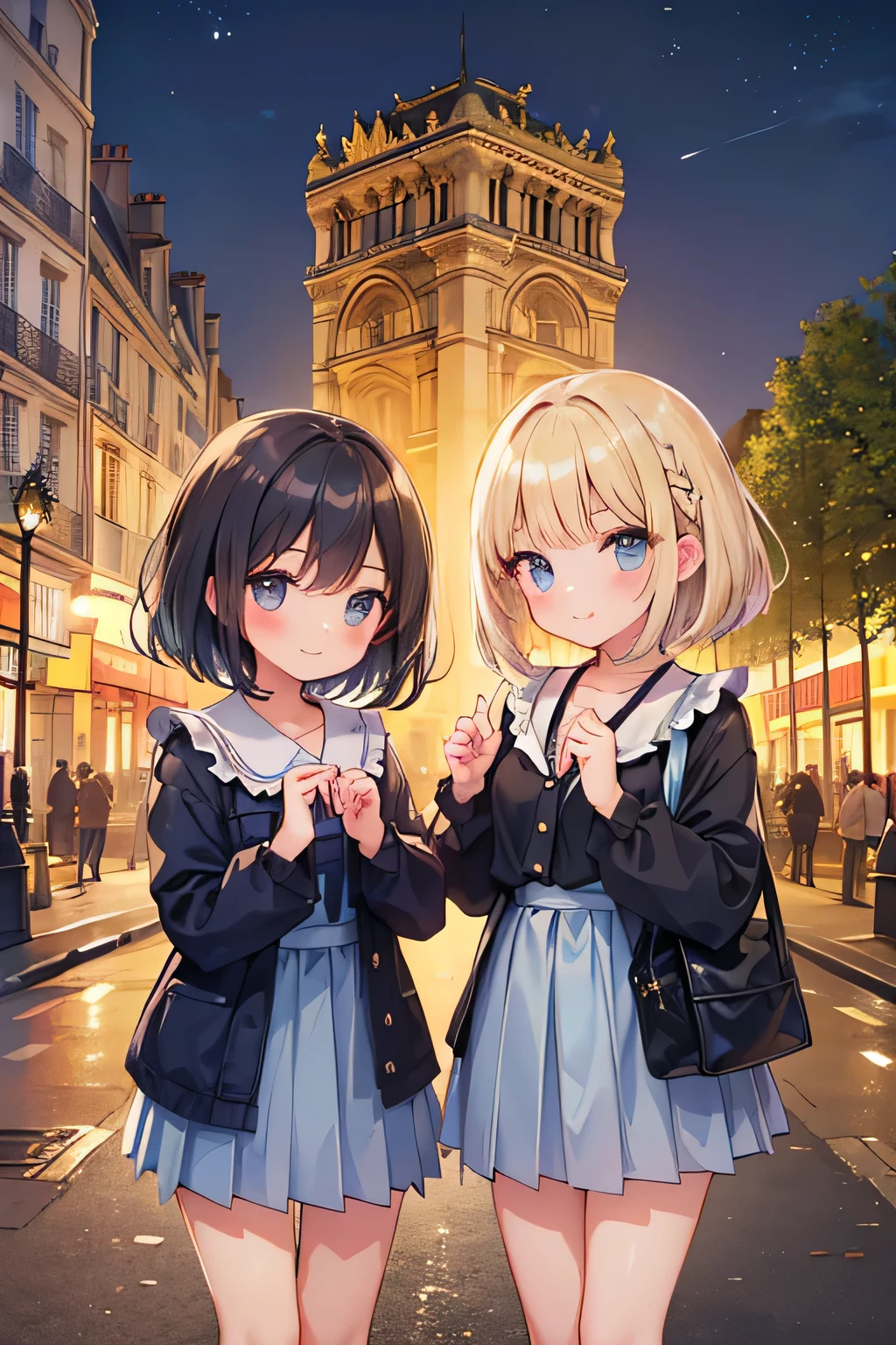 Highest quality、High resolution、Detailed Background、(Beautiful face in every detail:1.4)、Anatomically correct、(Normal number of fingers:1.2)、(Detailed eyes:1.2)、Teenage beauty、(Highly detailed face:1.2)、Perfect body line、Light color hair、Braided bob cut、Wavy Hairstyle、well-groomed eyebrows、cuteJK uniform、Pleated mini skirt、White Stockings、Elegant atmosphere、A big smile、smile、cute gesture、
(Two beautiful girls enjoying sightseeing with the famous sights of Paris in the background:1.5)、
If you stop by the Louvre, you can see people admiring the Venus de Milo and the Mona Lisa.、In the evening, enjoy a cruise along the Seine and see the sights of Paris at dusk.、Enjoying the night view of Paris、Palace of Versailles、Notre Dame Cathedral、Arc de Triomphe、Orsay Museum、Montmartre、Opera Garnier、cute