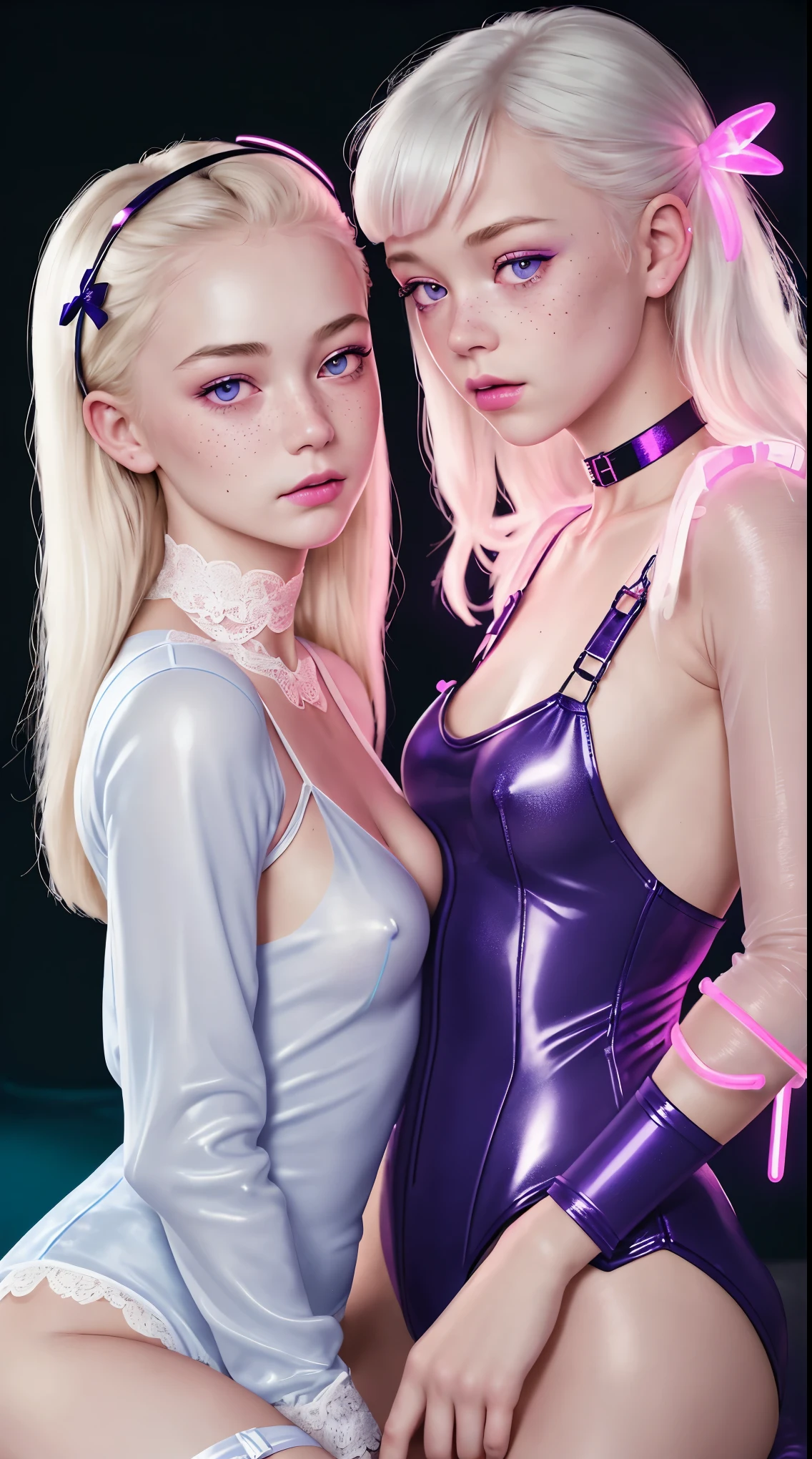 A realistic rendering of an Anne Anderson style illustration of a very close shot, ultra close shot on the breasts of two girls, 2 pert, nubile, thin, freckled girls with 50s style, platinum blonde hair, bows in hair, slight smile, topless, best quality, tiny breasts, bare breasts, small breasts, bare crotch, exposed crotch, pink nipples , puffy nipples , exposed nipples , wearing glowing, neon, violet, plastic body armor, clear violet plastic armor, glowing, neon, violet, plastic body harness, glowing, neon, violet, plastic body cage, glowing, neon, violet bondage straps, black, spiked choker necklace, black leather jacket, a silver chain wrapped around body, open, white blouse, white lace collar, pastel lace, pastel lace straps under nipples, pastel lace straps under breasts, open light blue, fuzzy sweater, undressing,
uniform, partially clothed, sitting in a bondage harness swing, in a darkened, pink, neon lit, 1950s teenl's bedroom, glowing pink, neon lights, full of bondage straps,, ultra close shot on breasts