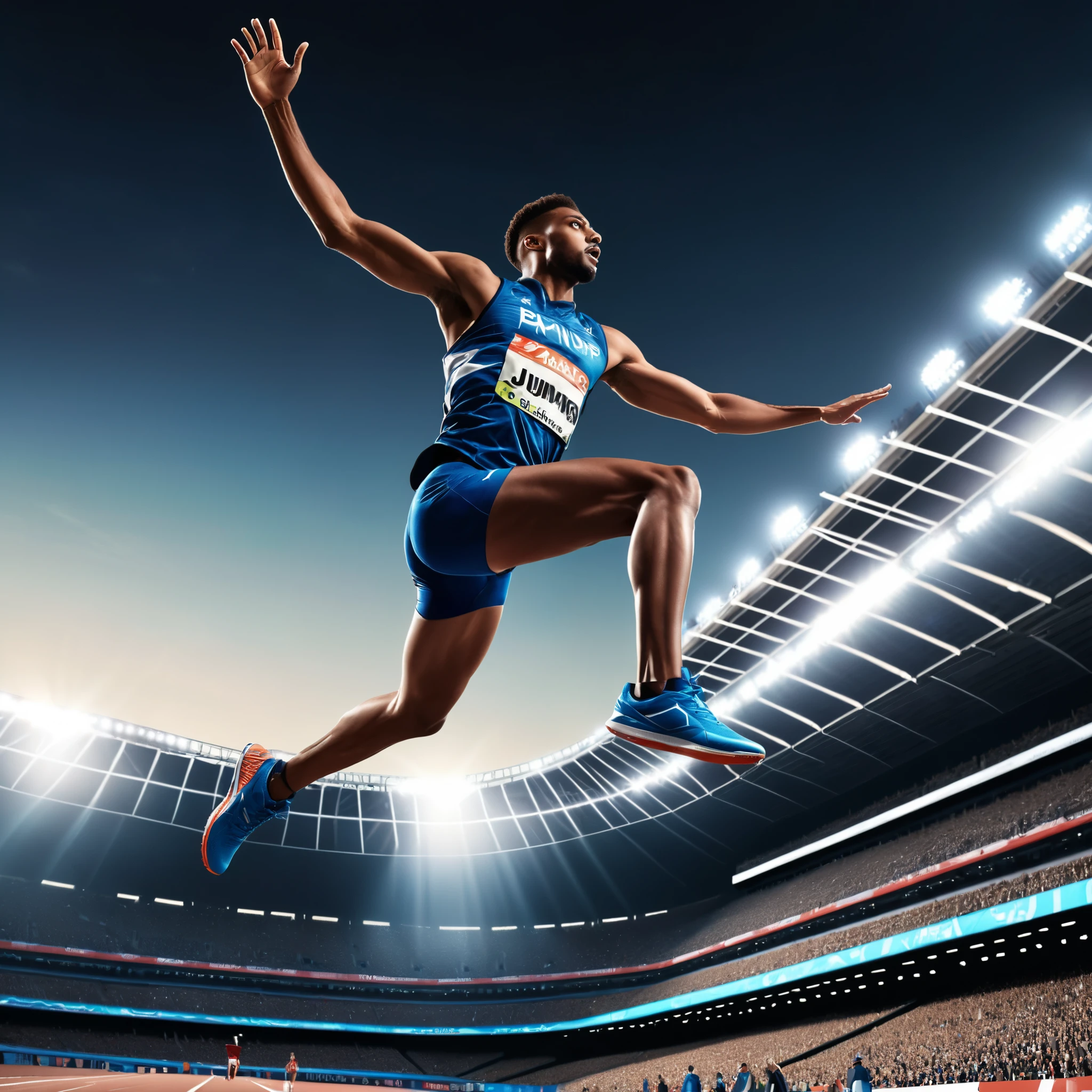 photoillustration of under exposure, an ancient Olympic athletes long jump((jumping 1.8)), seamless, light up eyes, texture and pattern, transparency effect, iconic jumping stance, dramatic shadows, dramatic lights, interlacing elements, front view, fantasy art, two tones, digital manipulated photo art, hyper-realistic, ultra-detailed, crisp clarity, high-contrast, luminous ambiance, rich textures, intricate patterns, vivid colors, cinematic lighting, photo realistic, accurate anatomical proportions, light background
