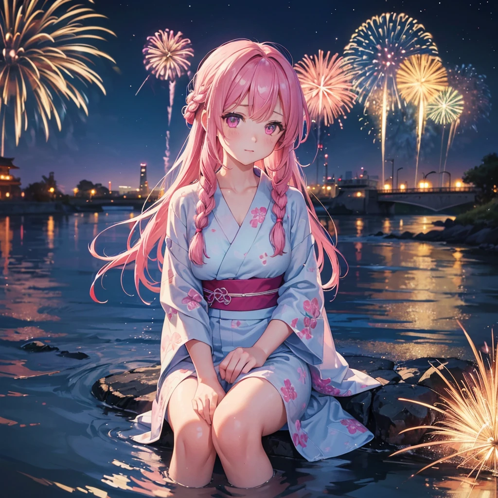 Sky Blue Medium Hair, (Braided Hair),(Pink Eyes),Fair skin ,(whole body),(1 girl)、Floral Yukata、summer night、Extra-large fireworks filling the night sky、Watching the fireworks while sitting next to each other、Straight bangs,(masterpiece, Highest quality, Very detailed, Best Shadow), (Detailed Background), (Beautifully detailed face), High Contrast, (Best lighting, Very delicate and beautiful), ((Cinematic Light)), colorful, Hyper Detail 8k, Dramatic Light, Intricate details,Fireworks reflecting on the surface of the water
