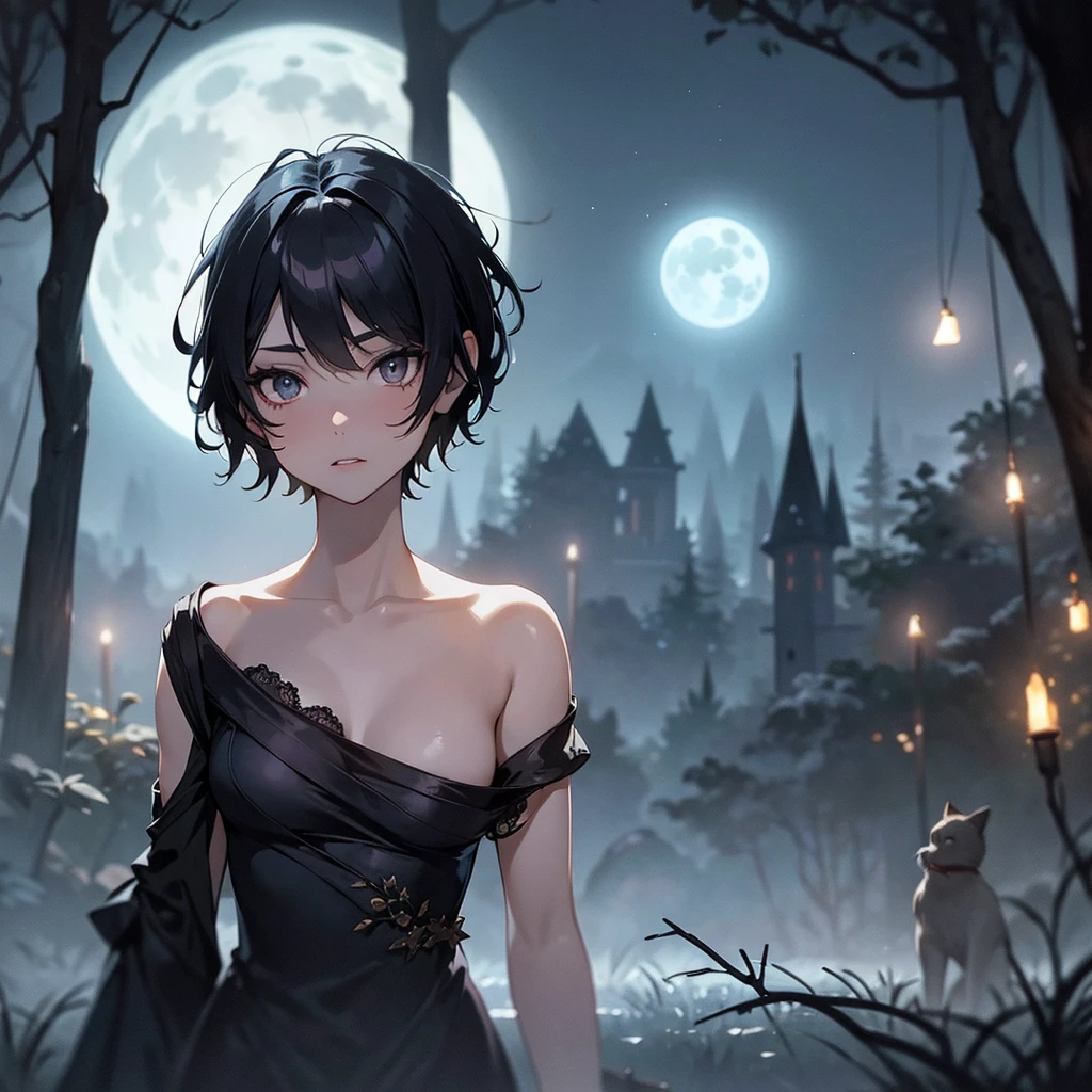 1 woman, happy, black pixie cut hair, alternative hair style, pale skin, delicate feminine mouth, small amber eyes, magic mushrooms in the floor, witch costume, full moon in sky, dark forest backdrop, ethereal, moody lighting, cinematic, dramatic, fantasy, magic, occult, supernatural, hyper detailed, intricate, masterpiece, ultra-detailed, 8k, photorealistic, cinematic lighting, dramatic shadows