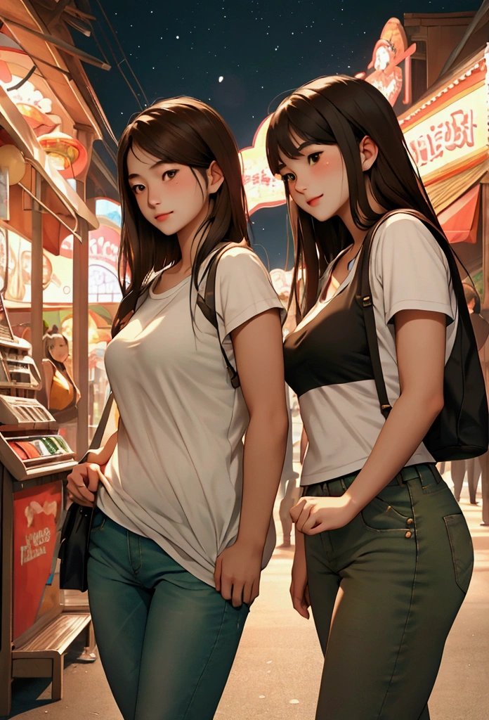 Two beautiful young women in Sarah Kay style, at night in an amusement park. One is Asian with long black hair, dressed in jeans and a white short-sleeved T-shirt with black designs, who stands and looks lovingly at the other young woman, a British woman with light brown hair dressed in jeans and a green sleeveless T-shirt who walks in front of the Asian woman. She looks at her with tenderness and expectation.