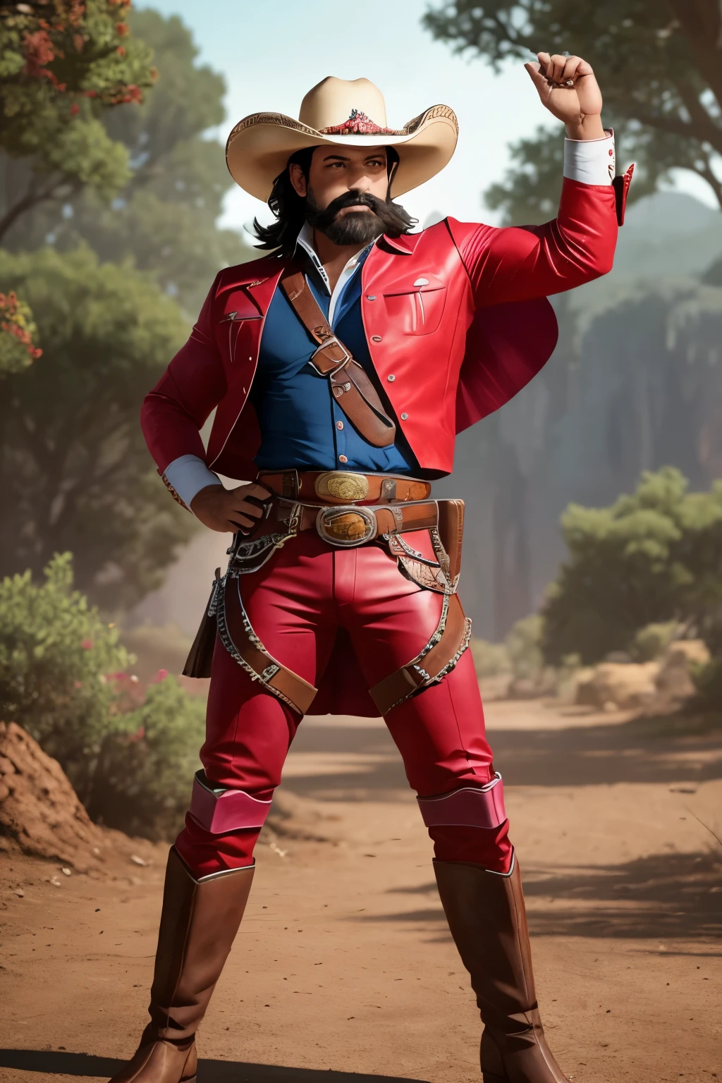 Create a strikingly realistic full body image of the character Cormano from the game 'Sunset Riders'. Cormano, a quintessential cowboy, is depicted with a thick, bushy mustache and black hair, adorned with a distinctive pink sombrero featuring white trim. The sombrero is paired with a pink poncho, the edges of which are accentuated with a bold red hue. His lower half is clad in red pants, which contrast beautifully with his blue boots. A leather belt with double holsters fastened around his waist completes his traditional cowboy attire.
Cormano is depicted in a relaxed pose, reflecting the laid-back charm of