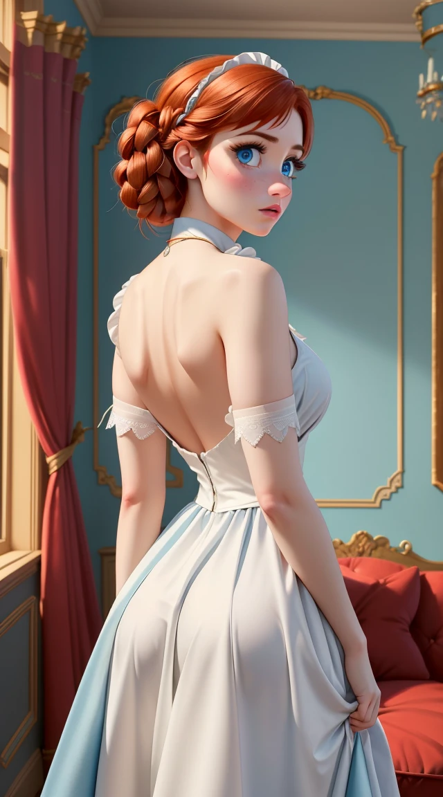 women, ((masterpiece, Best Quality)), full body view, bursting huge breasts, detailed skin, Anna from Frozen as a maid, maid clothes, clean the living room, Very detailed, cinematic lighting, ultra realistic, blush, looking at the viewer, Anna, Anna from the movie Frozen, Red hair, blue eyes, ((((take it from behind)))