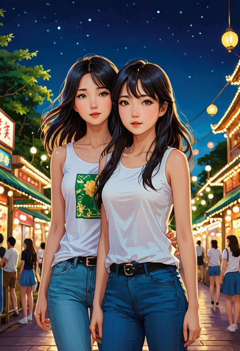 Two beautiful young women in Sarah Kay style, at night in an amusement park. One is Asian with long black hair, dressed in jeans and a white short-sleeved T-shirt with black designs, who stands and looks lovingly at the other young woman, a British woman with light brown hair dressed in jeans and a green sleeveless T-shirt who walks in front of the Asian woman. She looks at her with tenderness and expectation.