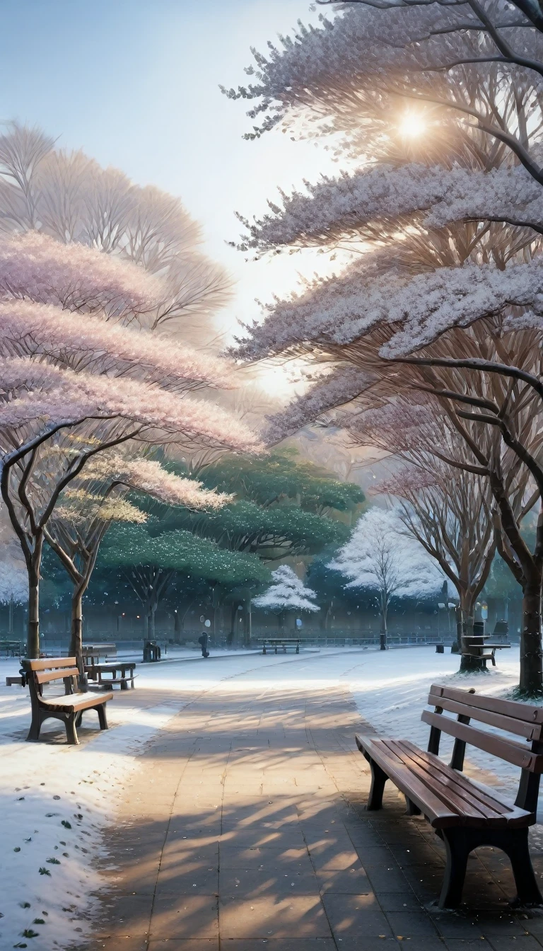 a serene winter landscape in tokyo park, empty bench under bare trees, warm soft lighting, hyperrealistic, deep focus bokeh, ray-traced, artstation, pixivgwise, makoto shinkai, art jam, 1girl, snow, sakura trees, winter wonderland, winter vibes, peaceful, minimalist, elegant, cinematic, dramatic lighting, mist, atmospheric, serene, tranquil, calming