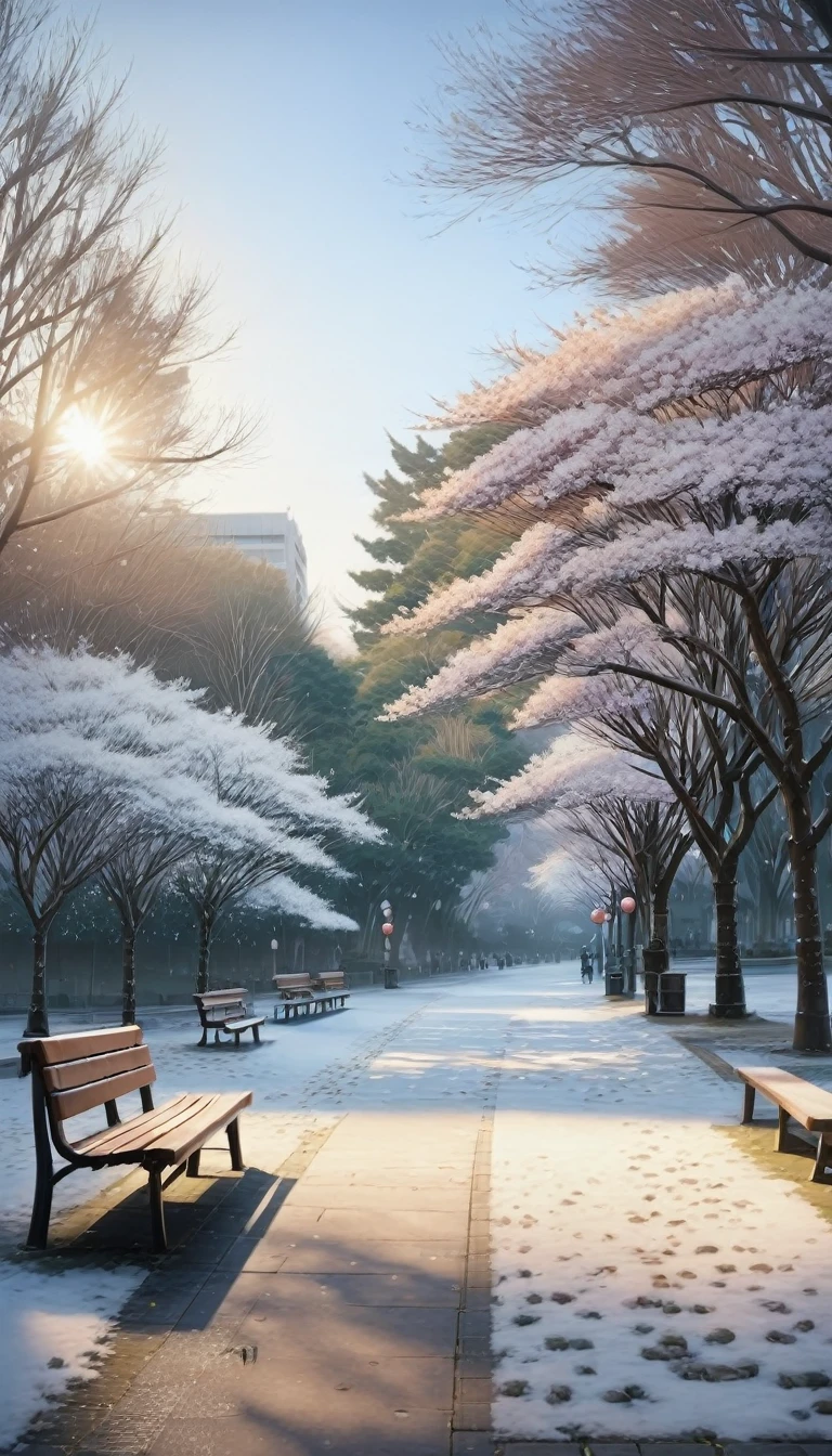 a serene winter landscape in tokyo park, empty bench under bare trees, warm soft lighting, hyperrealistic, deep focus bokeh, ray-traced, artstation, pixivgwise, makoto shinkai, art jam, 1girl, snow, sakura trees, winter wonderland, winter vibes, peaceful, minimalist, elegant, cinematic, dramatic lighting, mist, atmospheric, serene, tranquil, calming