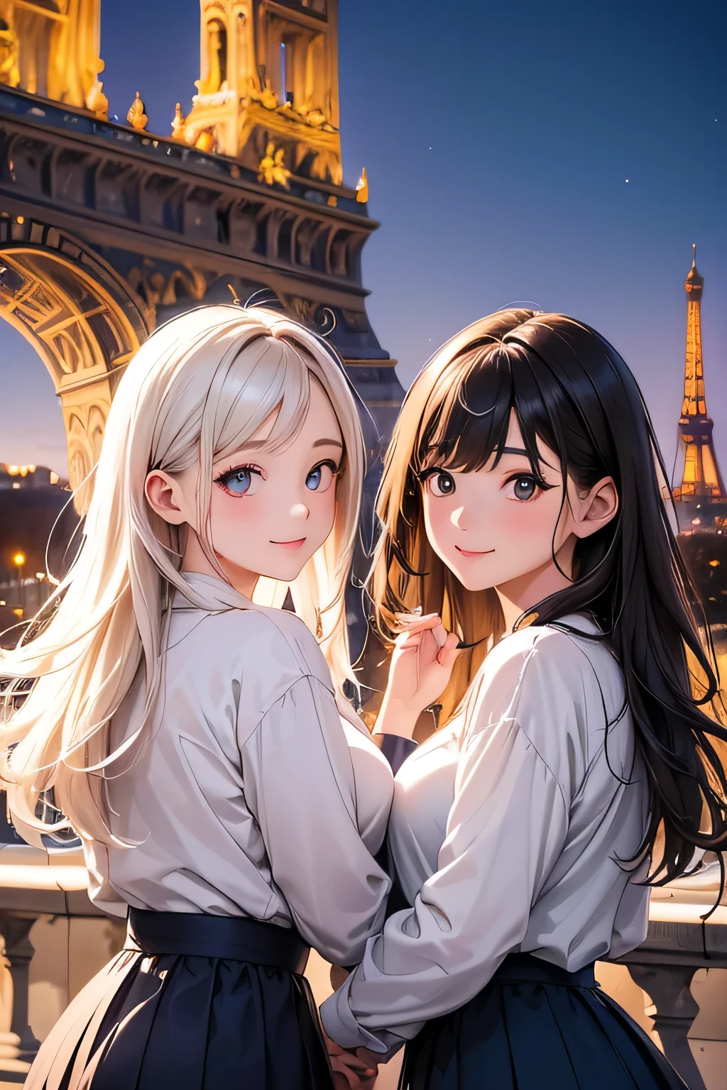 Highest quality、High resolution、Detailed Background、(Beautiful face in every detail:1.4)、Anatomically correct、(Normal number of fingers:1.2)、(Detailed eyes:1.2)、Teenage beauty、(Highly detailed face:1.2)、Perfect body line、Light color hair、Braided bob cut、Wavy Hairstyle、well-groomed eyebrows、cuteJK uniform、Pleated mini skirt、White Stockings、Elegant atmosphere、A big smile、smile、cute gesture、
(Two beautiful girls enjoying sightseeing with the famous sights of Paris in the background:1.5)、
If you stop by the Louvre, you can see people admiring the Venus de Milo and the Mona Lisa.、In the evening, enjoy a cruise along the Seine and see the sights of Paris at dusk.、Enjoying the night view of Paris、Palace of Versailles、Notre Dame Cathedral、Arc de Triomphe、Orsay Museum、Montmartre、Opera Garnier、cute