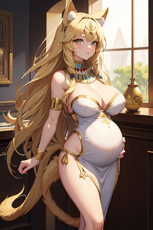 8k, masterpiece, very realistic, Full body sexy pregnant cat woman, standing, faraon cat girl, Cleopatra, Egyptian style, tail, cat ears, very slim waist, very tall, white ancient Egyptian clothing design, blonde hair, dynamic pose, pregnant, cleavage
