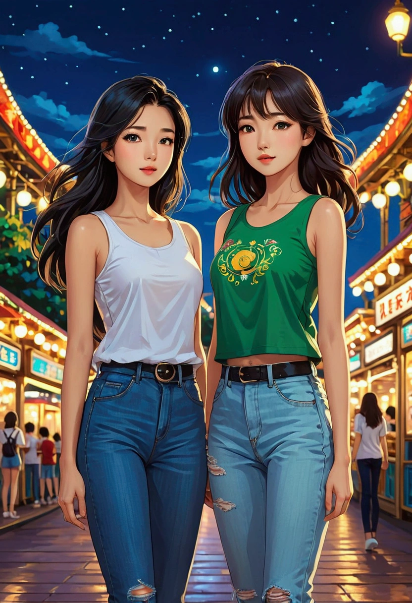 Two beautiful young women in Sarah Kay style, at night in an amusement park. One is Asian with long black hair, dressed in jeans and a white short-sleeved T-shirt with black designs, who stands and looks lovingly at the other young woman, a British woman with light brown hair dressed in jeans and a green sleeveless T-shirt who walks in front of the Asian woman. She looks at her with tenderness and expectation.