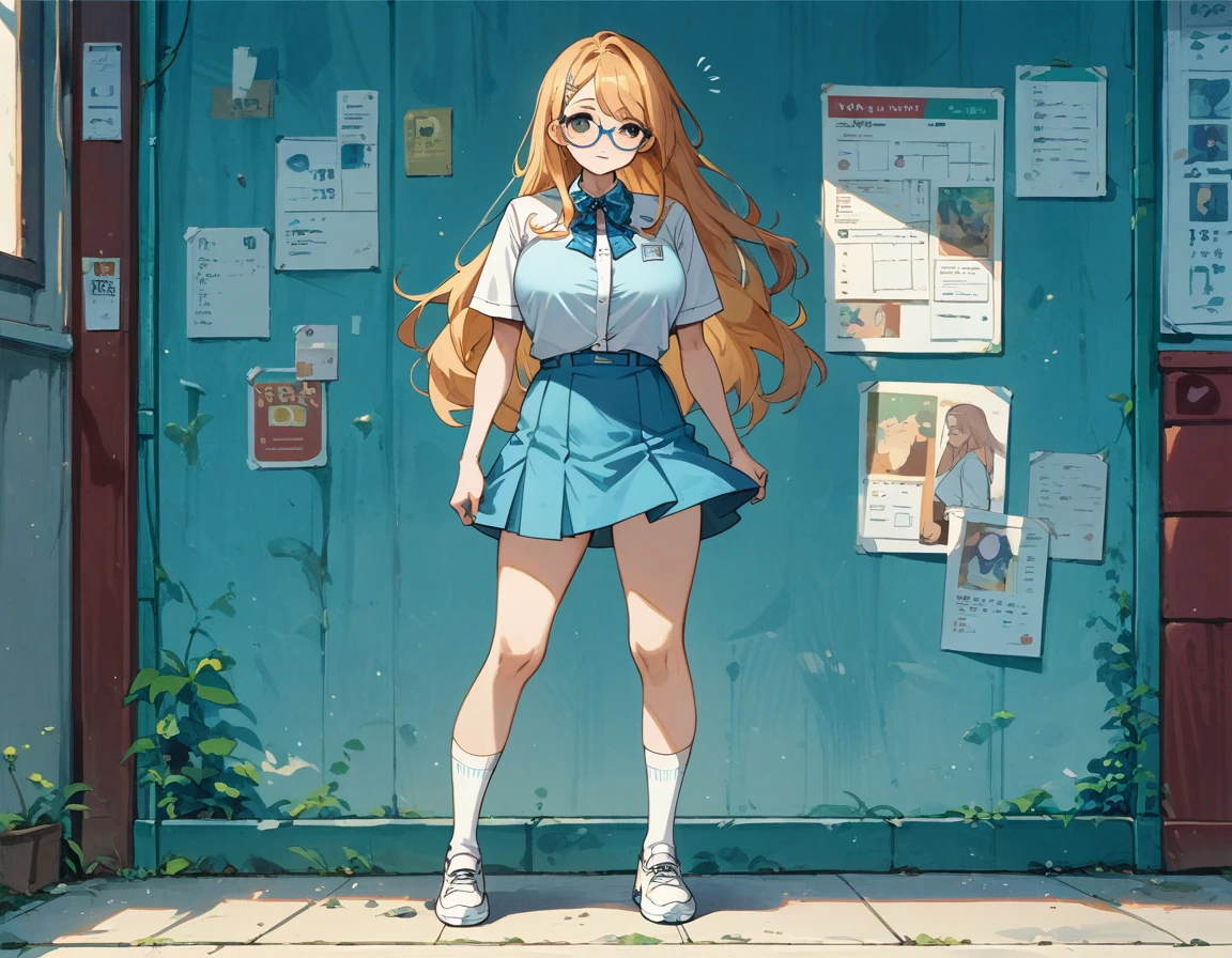 Long haired girl wearing glasses、She lifts her skirt to show off her cute white underwear、Big breasts and blue bra sticking through pure white shirt、Skirt flip、Blue flared skirt、Bare legs, white socks and leather shoes、Standing posture