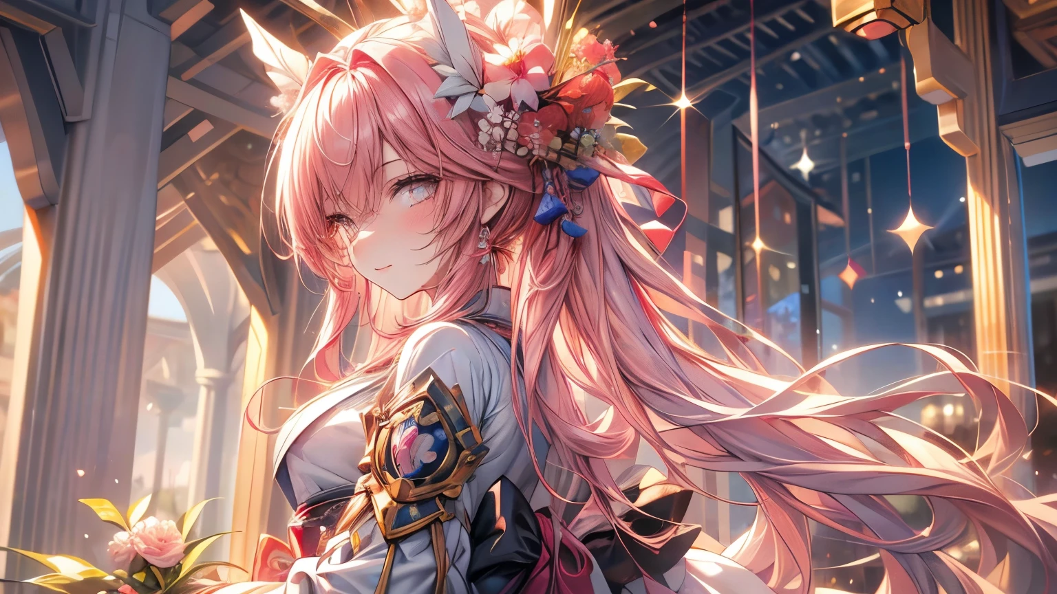 8k resolution, ((of the highest quality)), ((obra maestra)), ((super detailed)), (Muy delicado y hermoso), con a girl, solo, gentle expression, Ella es muy(relajarse)con(calma)apariencia, cabello rosado, Depth of written limits., sonrisa brillante, Young Expression, Bright peach eyes, beautiful cabello rosado, hermoso fondo, pelo largo, arte lineal, kimono rosa, Japan, Japan風, Eyes that shine like Flores de cerezo, Ojo superior, ojos maravillosos, Flores de cerezo, Flores de cerezo tree, Flores de cerezo flowers are dancing, parte superior del cuerpo
