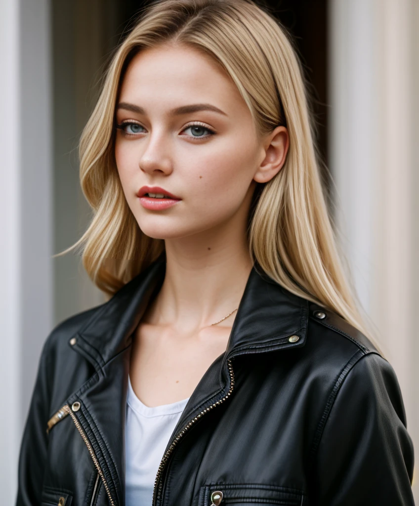 Masterpiece, a close up of a young russian girl with long hair wearing a black jacket, gorgeous young model, beautiful young girl, dasha taran, beautiful model, cute young girl, beautiful model girl, beautiful blonde girl, beautiful girl model, ellie victoria gale, young teen, angelina stroganova, a girl with blonde hair, very pretty model, anastasia ovchinnikova, 8k, ultra high res.photorealistic, UHD
