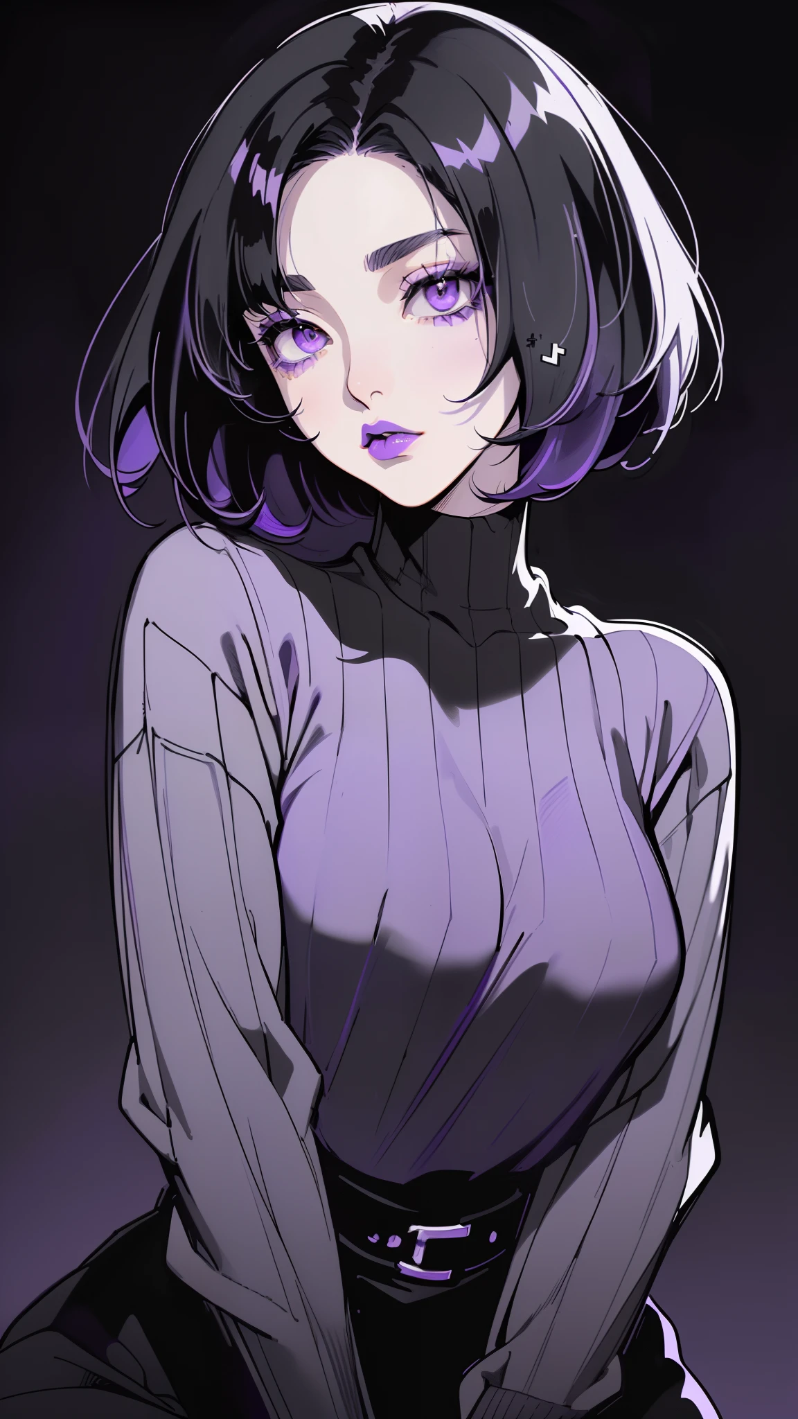 (best quality, sketch:1.2), dark monochrome background, anime,illustrator,anime,1 girl, detailed lips,sweater,custom, ( background dark),neon hair,textured cropping,Canadian, masterpiece, style retro classic, noir dark, art, sketch book, (bob hair purple:1.35, black:1.55), bad women 