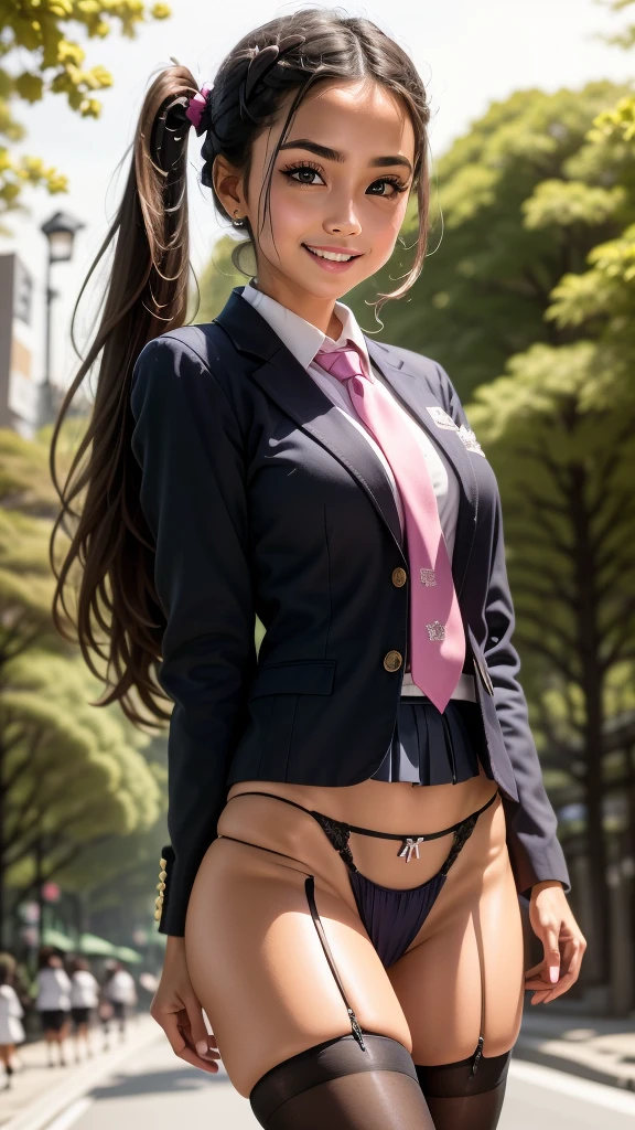 (masterpiece, top quality, best quality, official art, beautiful and aesthetic:1.2), extreme detailed, colorful, highest detailed ((ultra-detailed)), (high quality photo, 16k photo quality:1.4), ((an extremely delicate and beautiful)),(ultimate shiny skin, detailed skin, ultimate detailed face), beautiful detailed eyes, solo, outdoors,(shibuya \(tokyo\):1.3),many people, (sidewalk:1.3),standing, black hair, very long twintails, rabbit ears, blue eyes, (school uniform, schoolshirt, blazer, necktie, pleated skirt:1.5), school bag,(side tie panties,black thighhighs:1.4), grin,