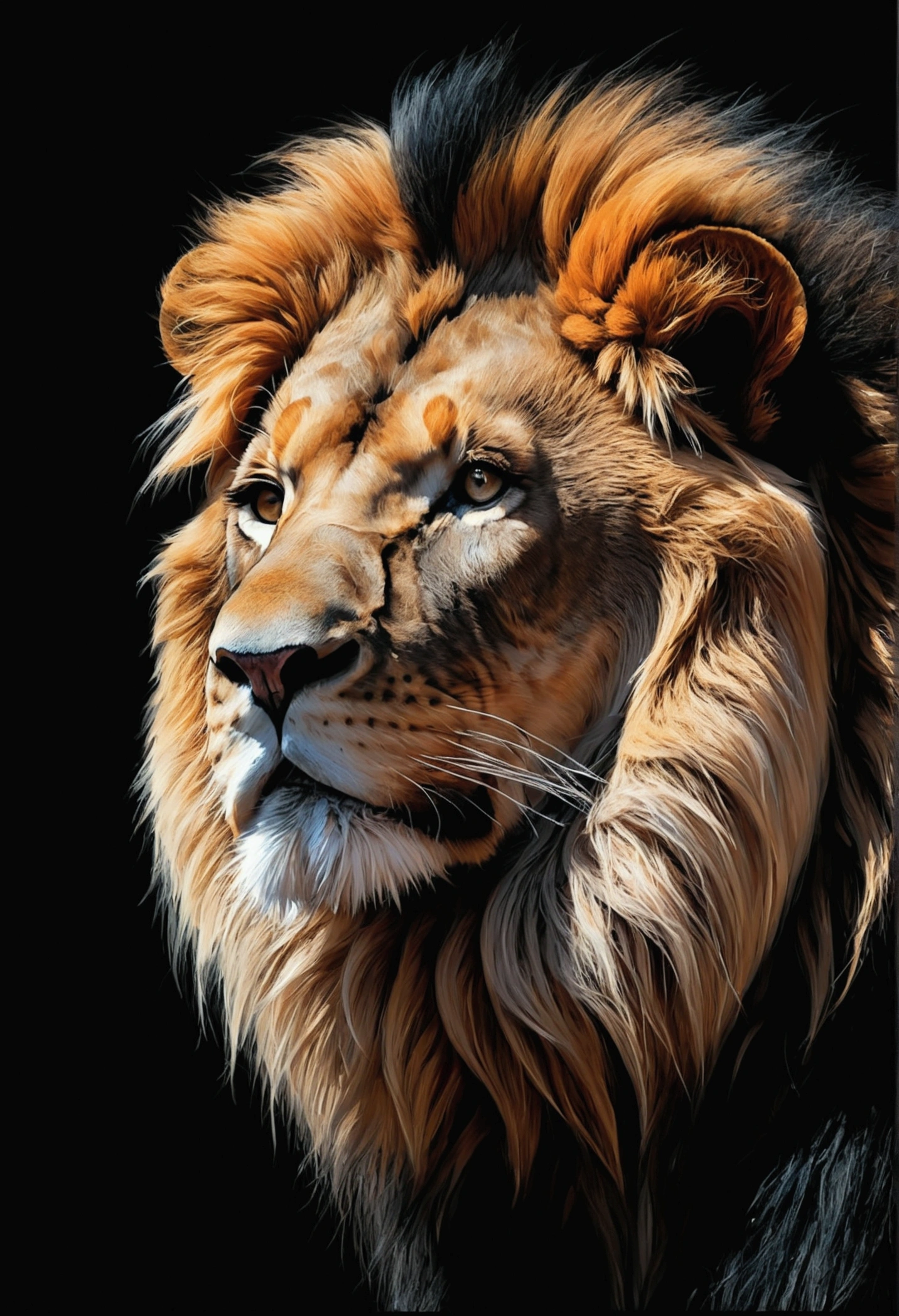 a beautiful lion, in a permanent sovereign position, with a dark black background, with a painting style done by Simon Birch, half of the trip, 8k.