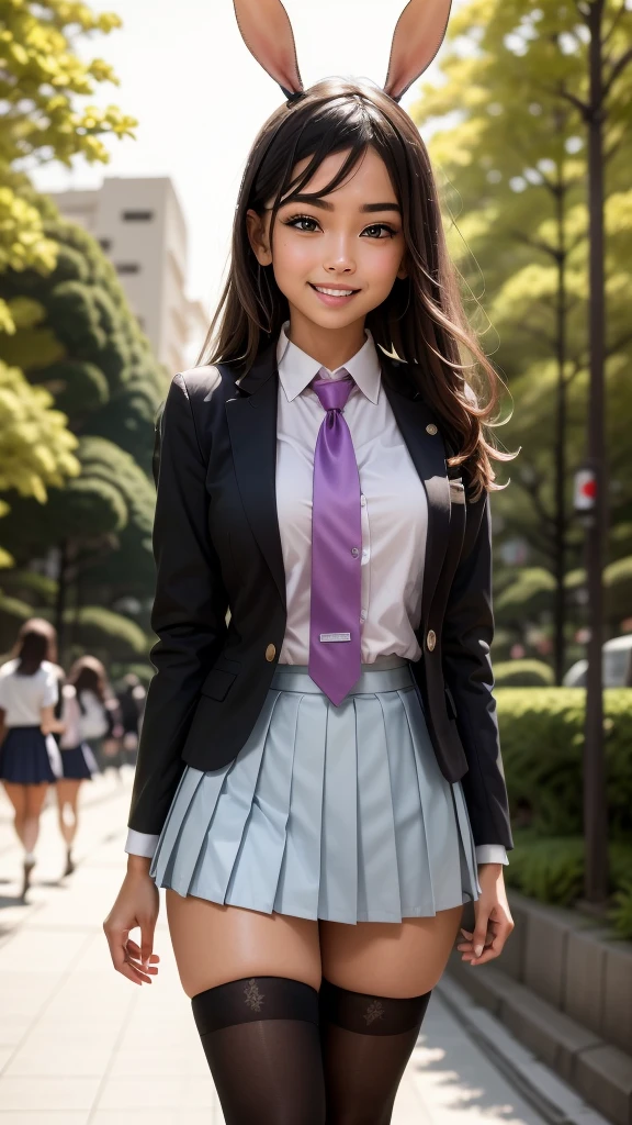 (masterpiece, top quality, best quality, official art, beautiful and aesthetic:1.2), extreme detailed, colorful, highest detailed ((ultra-detailed)), (high quality photo, 16k photo quality:1.4), ((an extremely delicate and beautiful)),(ultimate shiny skin, detailed skin, ultimate detailed face), beautiful detailed eyes, solo, outdoors,(shibuya \(tokyo\):1.3),many people, (sidewalk:1.3),standing, black hair, very long twintails, rabbit ears, blue eyes, (school uniform, schoolshirt, blazer, necktie, pleated skirt:1.5), school bag,(side tie panties,black thighhighs:1.4), grin,