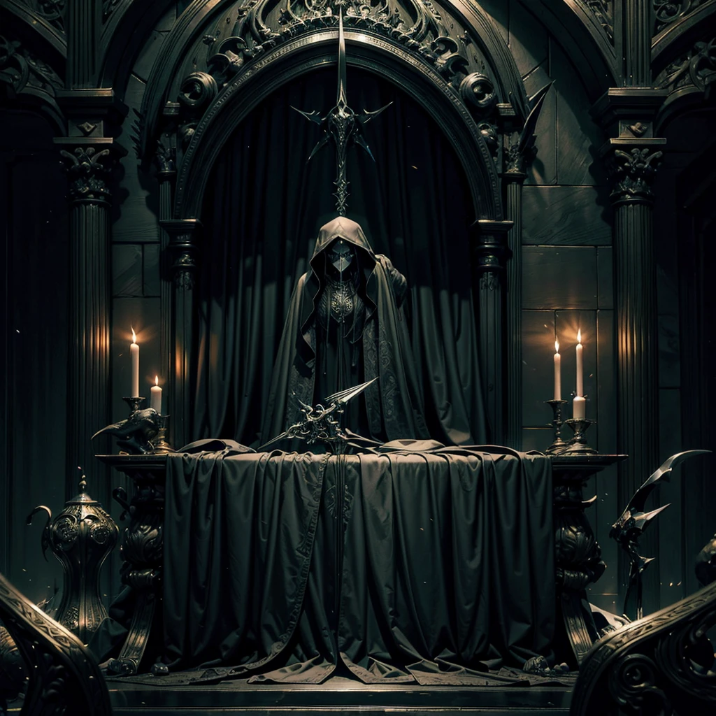 A realistic image of a sinister and mysterious Gothic room, sitting on a throne a ghostly and skeletal mummy of a nun, leaning against the wall an open coffin
