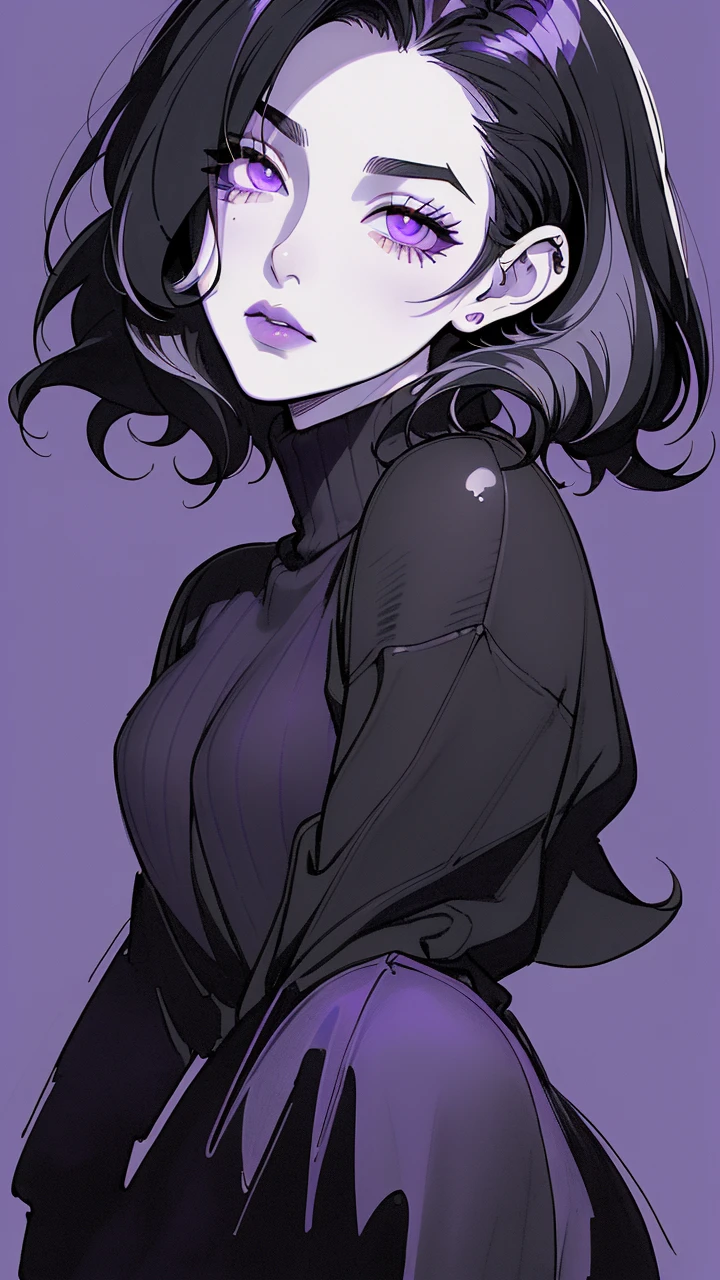 (best quality, sketch:1.2), dark monochrome background, anime,illustrator,anime,1 girl, detailed lips,sweater,custom, ( background dark),neon hair,textured cropping,Canadian, masterpiece, style retro classic, noir dark, art, sketch book, (bob hair purple:1.35, black:1.55), bad women