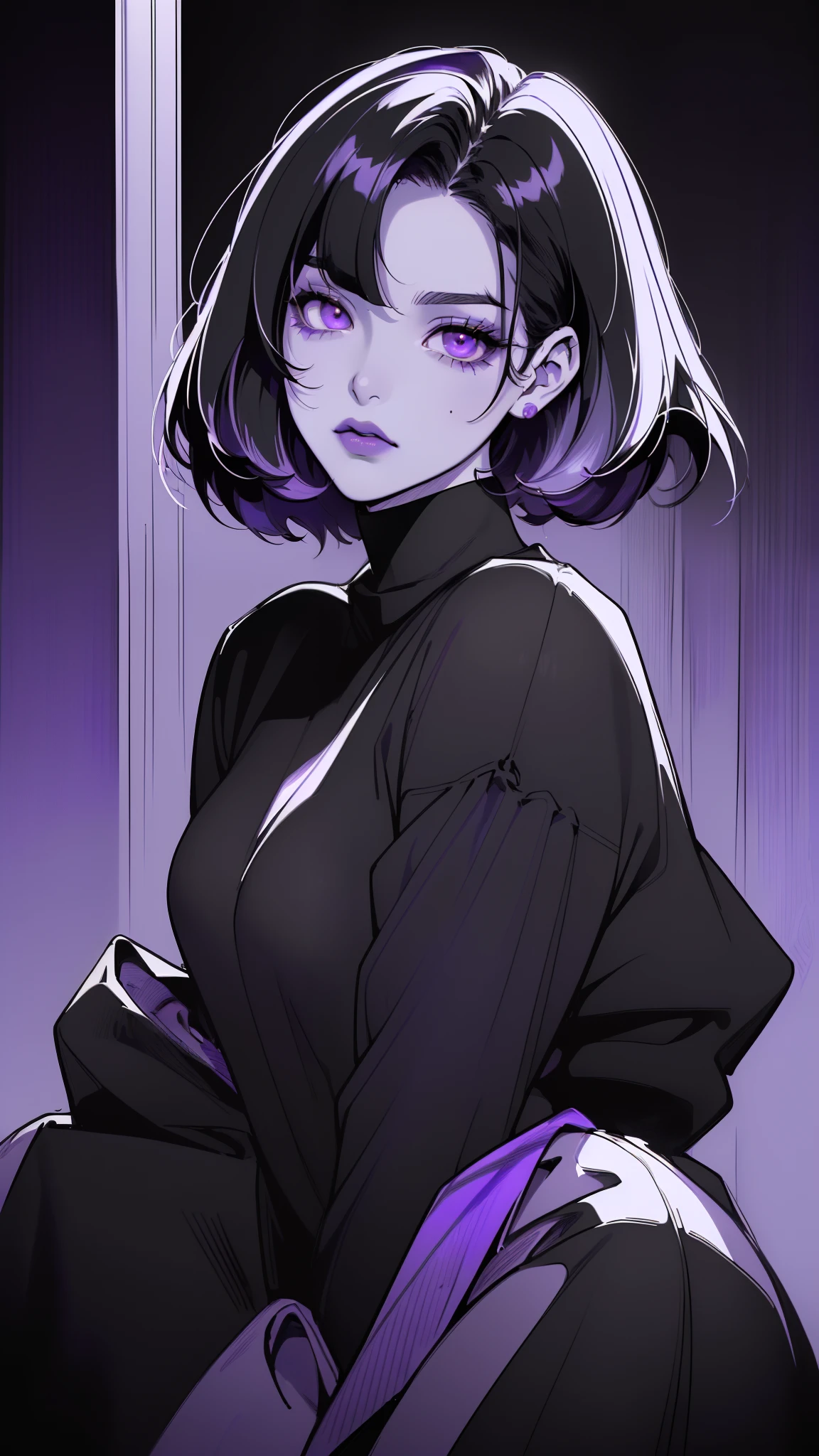 (best quality, sketch:1.2), dark monochrome background, anime,illustrator,anime,1 girl, detailed lips,sweater,custom, ( background dark),neon hair,textured cropping,Canadian, masterpiece, style retro classic, noir dark, art, sketch book, (bob hair purple:1.35, black:1.55), bad women 