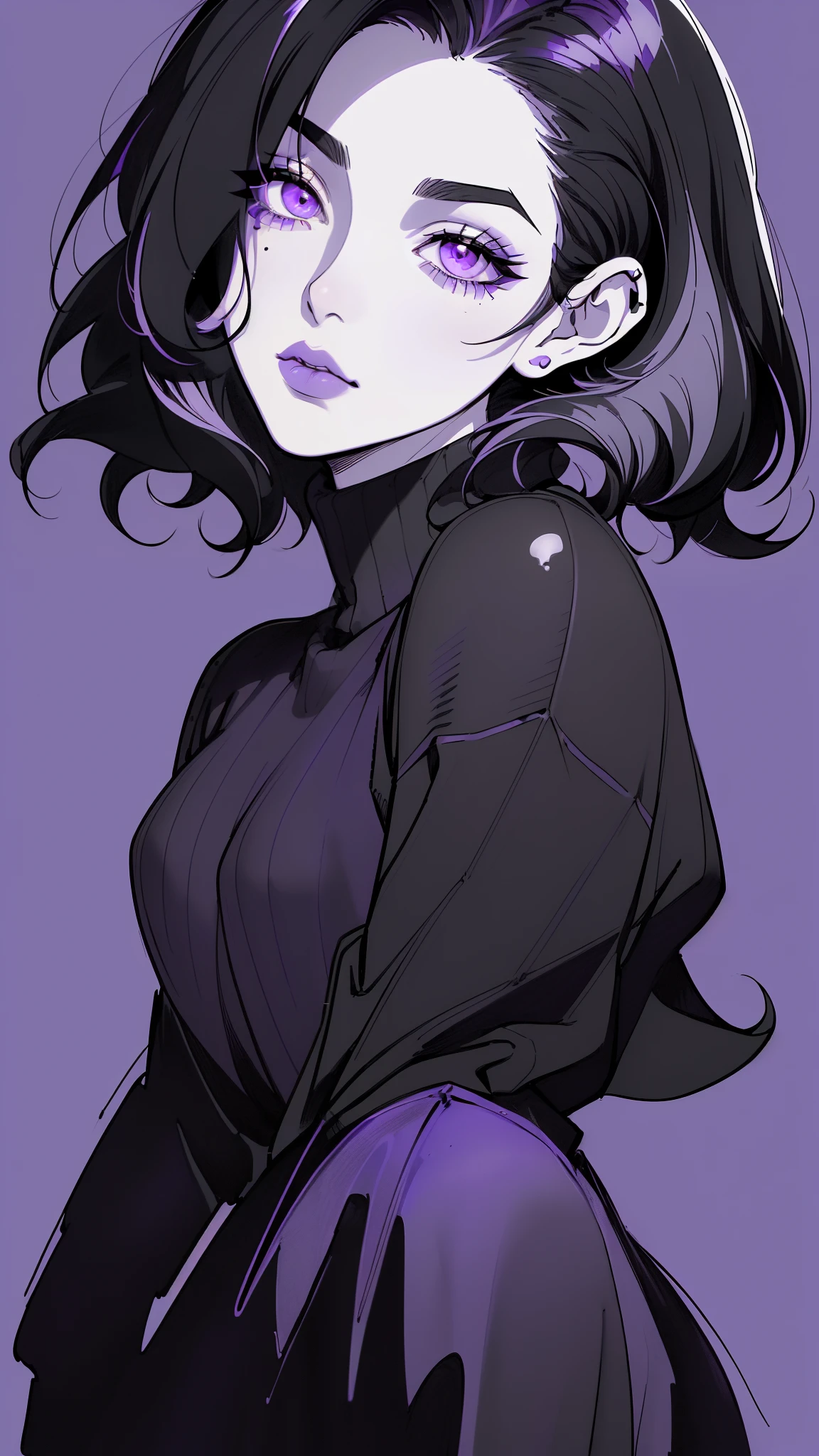 (best quality, sketch:1.2), dark monochrome background, anime,illustrator,anime,1 girl, detailed lips,sweater,custom, ( background dark),neon hair,textured cropping,Canadian, masterpiece, style retro classic, noir dark, art, sketch book, (bob hair purple:1.35, black:1.55), bad women 