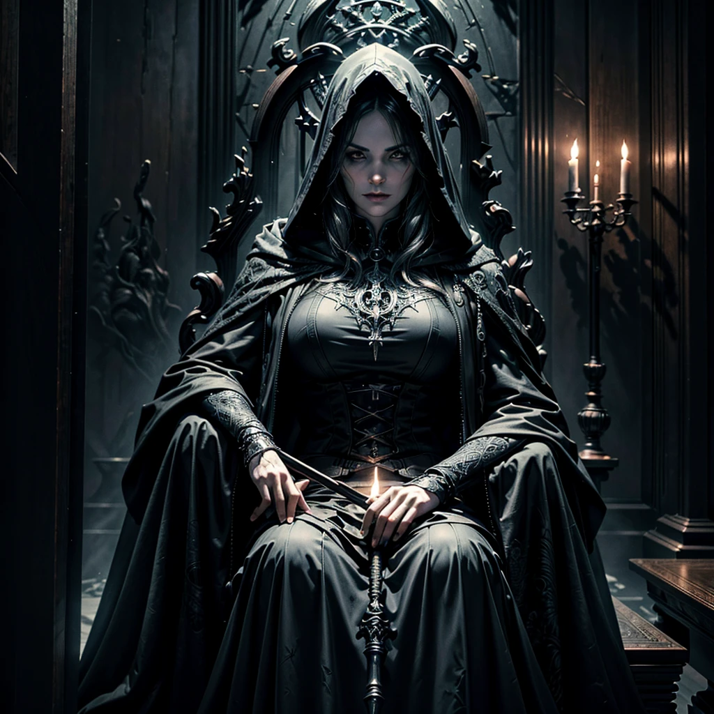 a hooded figure with a scythe, seated majestically on a dark, ominous throne,intricate carvings and engravings on the throne,shadows dancing around the room,a coven of witches surrounding the reaper,each witch gazing up at the looming figure with reverence and awe,dimly lit chamber lit only by flickering candlelight,haunting and mystical atmosphere,(best quality,4k,8k,highres,masterpiece:1.2),ultra-detailed,(realistic,photorealistic,photo-realistic:1.37),dark fantasy,gothic,horror,chiaroscuro lighting,dramatic lighting,dramatic composition