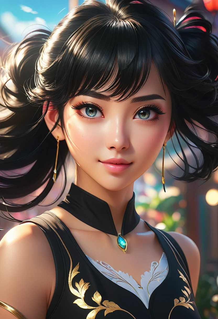 (masterpiece, finely detailed beautiful eyes: 1.2), niji anime ross tran style,fantasy world. Cinematic Lighting, ethereal light,best quality, light Fantasy background, Representative, fair skin, beautiful face, girl, smiling,black hair,beautiful skin,gymnast,fantasy clothes,Rich in details High quality,summer,sunlight realistic lighting, beautiful lighting, raytracing, photorealistic, (hyperrealistic: 1.2), highres, 4K, 8K, (extremely detailed CG, 8k wallpaper; 1.1), extremely detailed sharp, digital illustration, detailed, realism, beautiful face, highly detailed face, ultra realistic, masterpiece, trending on artstation pixiv, in the style of ross tran, persona 5 art style wlop, badass anime 8 k, ross tran 8 k, painted in anime painted studio