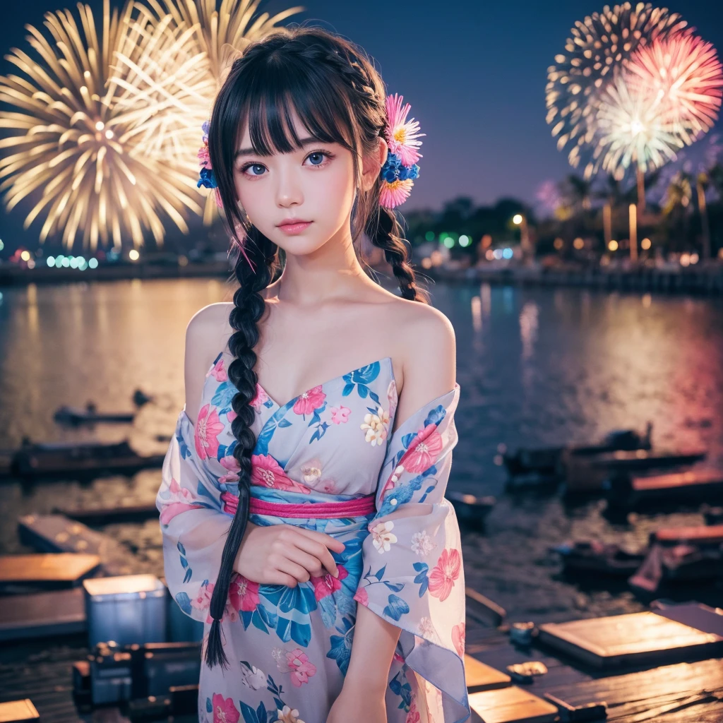 Sky Blue Medium Hair, (Braided Hair),(Pink Eyes),Fair skin ,(whole body),(1 girl)、Floral Yukata、summer night、Extra-large fireworks filling the night sky、Big fireworks、Straight bangs,(masterpiece, Highest quality, Very detailed, Best Shadow), (Detailed Background), (Beautifully detailed face), High Contrast, (Best lighting, Very delicate and beautiful), ((Cinematic Light)), colorful, Hyper Detail 8k, Dramatic Light, Intricate details,