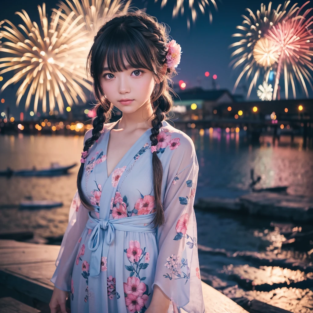 Sky Blue Medium Hair, (Braided Hair),(Pink Eyes),Fair skin ,(whole body),(1 girl)、Floral Yukata、summer night、Extra-large fireworks filling the night sky、Big fireworks、Straight bangs,(masterpiece, Highest quality, Very detailed, Best Shadow), (Detailed Background), (Beautifully detailed face), High Contrast, (Best lighting, Very delicate and beautiful), ((Cinematic Light)), colorful, Hyper Detail 8k, Dramatic Light, Intricate details,