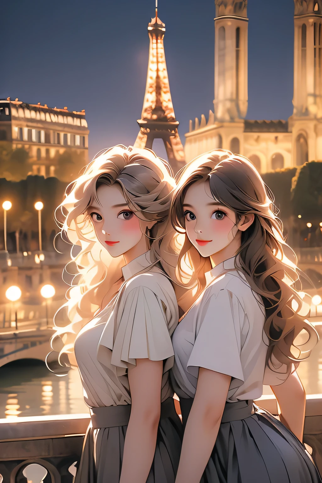 Highest quality、High resolution、Detailed Background、(Beautiful face in every detail:1.4)、Anatomically correct、(Normal number of fingers:1.2)、(Detailed eyes:1.2)、Teenage beauty、(Highly detailed face:1.2)、Perfect body line、Light color hair、Braided bob cut、Wavy Hairstyle、well-groomed eyebrows、cuteJK uniform、Pleated mini skirt、White Stockings、Elegant atmosphere、A big smile、smile、cute gesture、
(Two beautiful girls enjoying sightseeing with the famous sights of Paris in the background:1.5)、
If you stop by the Louvre, you can see people admiring the Venus de Milo and the Mona Lisa.、In the evening, enjoy a cruise along the Seine and see the sights of Paris at dusk.、Enjoying the night view of Paris、Palace of Versailles、Notre Dame Cathedral、Arc de Triomphe、Orsay Museum、Montmartre、Opera Garnier、cute