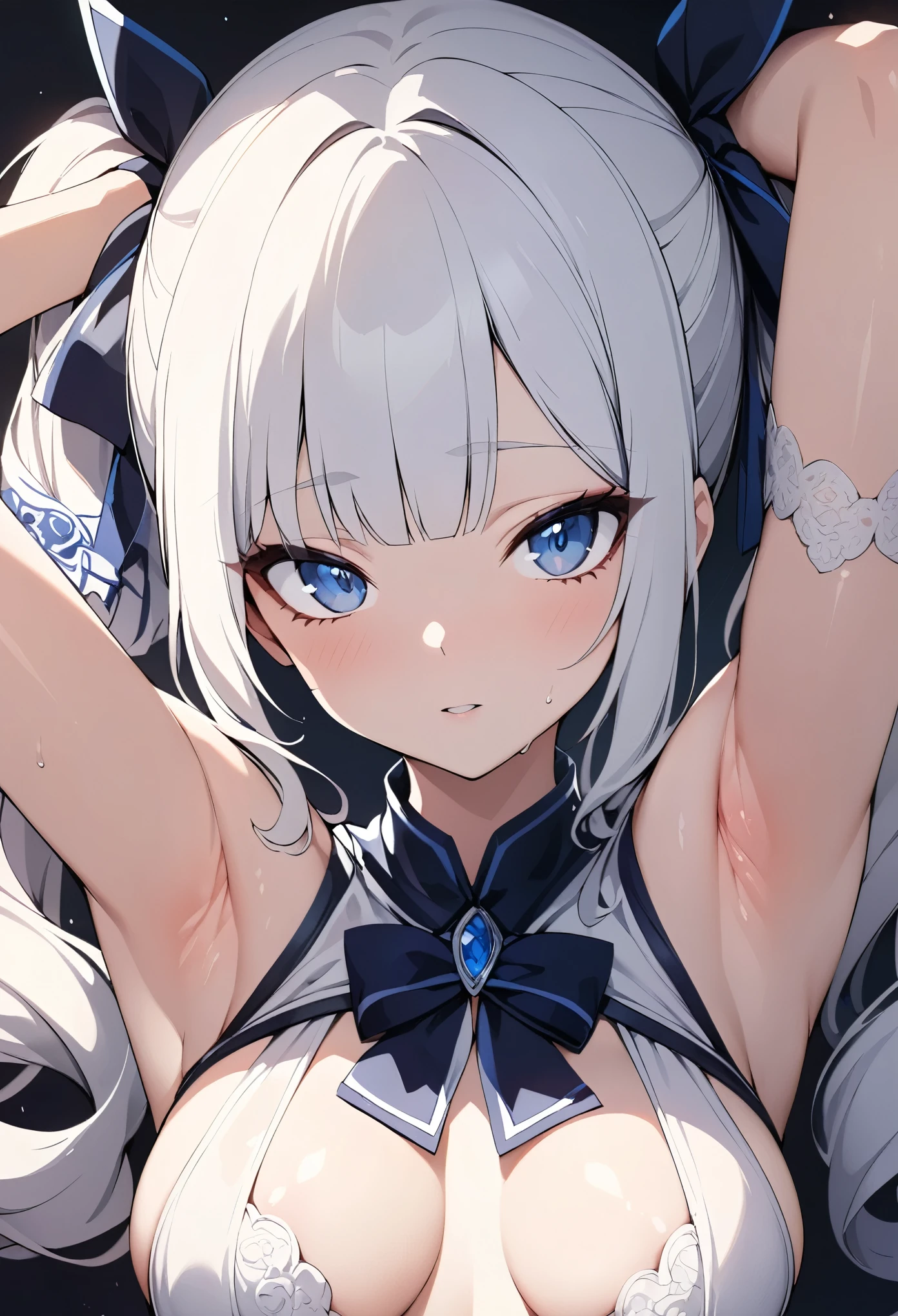 (masterpiece), (best quality), (ultra-detailed), (illustration), (an extremely delicate and beautiful), 1girl, solo, long hair, breasts, looking at viewer, bangs, blue eyes, ribbon, twintails, medium breasts, hair ribbon, upper body, white hair, armpits