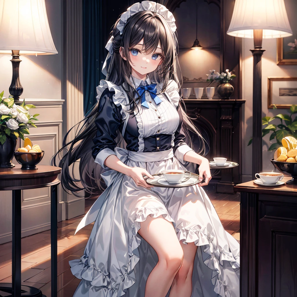 (masterpiece, Highest quality, Highest Resolution, clear_image, Detailed explanation): A mature and elegant maid in her late twenties with long, flowing black hair in a neat updo. She has captivating blue eyes and a warm, intelligent smile. Wearing a refined navy blue and white maid uniform with a modest knee-length skirt and a crisp apron. Standing professionally in a luxurious living room, holding a silver tea tray. Her posture and expression convey both competence and approachability. The lighting is soft, highlighting her graceful features and the professional atmosphere.