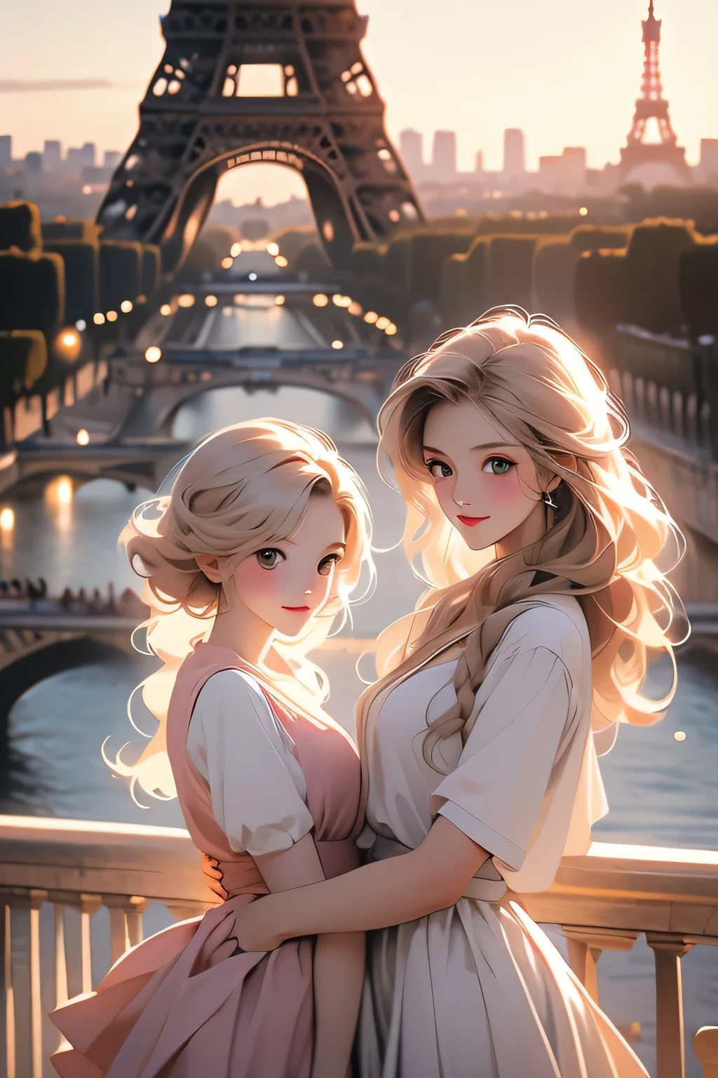 Highest quality、High resolution、Detailed Background、(Beautiful face in every detail:1.4)、Anatomically correct、(Normal number of fingers:1.2)、(Detailed eyes:1.2)、Teenage beauty、(Highly detailed face:1.2)、Perfect body line、Light color hair、Braided bob cut、Wavy Hairstyle、well-groomed eyebrows、cuteJK uniform、Pleated mini skirt、White Stockings、Elegant atmosphere、A big smile、smile、cute gesture、
(Two beautiful girls enjoying sightseeing with the famous sights of Paris in the background:1.5)、
If you stop by the Louvre, you can see people admiring the Venus de Milo and the Mona Lisa.、In the evening, enjoy a cruise along the Seine and see the sights of Paris at dusk.、Enjoying the night view of Paris、Palace of Versailles、Notre Dame Cathedral、Arc de Triomphe、Orsay Museum、Montmartre、Opera Garnier、cute