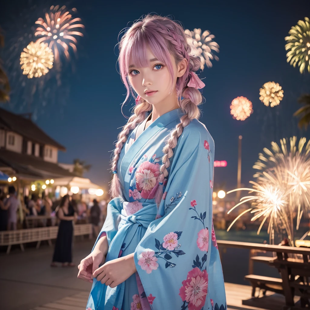 Sky Blue Medium Hair, (Braided Hair),(Pink Eyes),Fair skin ,(whole body),(1 girl)、Floral Yukata、summer night、Extra-large fireworks filling the night sky、Big fireworks、Straight bangs,(masterpiece, Highest quality, Very detailed, Best Shadow), (Detailed Background), (Beautifully detailed face), High Contrast, (Best lighting, Very delicate and beautiful), ((Cinematic Light)), colorful, Hyper Detail 8k, Dramatic Light, Intricate details,