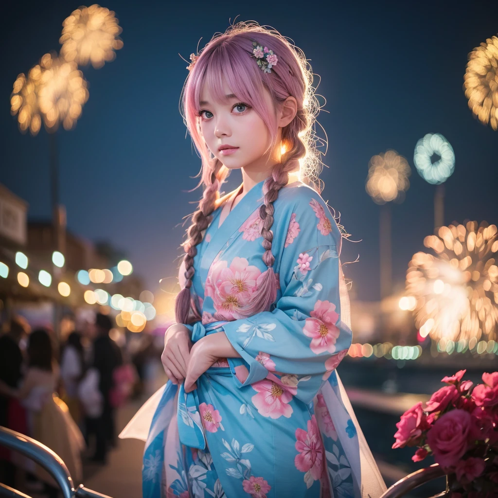 Sky Blue Medium Hair, (Braided Hair),(Pink Eyes),Fair skin ,(whole body),(1 girl)、Floral Yukata、summer night、Extra-large fireworks filling the night sky、Big fireworks、Straight bangs,(masterpiece, Highest quality, Very detailed, Best Shadow), (Detailed Background), (Beautifully detailed face), High Contrast, (Best lighting, Very delicate and beautiful), ((Cinematic Light)), colorful, Hyper Detail 8k, Dramatic Light, Intricate details,