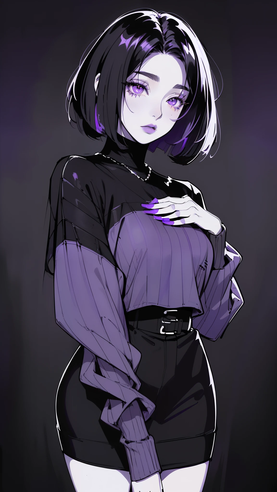 (best quality, sketch:1.2), dark monochrome background, anime,illustrator,anime,1 girl, detailed lips,sweater,custom, ( background dark),neon hair,textured cropping,Canadian, masterpiece, style retro classic, noir dark, art, sketch book, (bob hair purple:1.35, black:1.55), bad women 