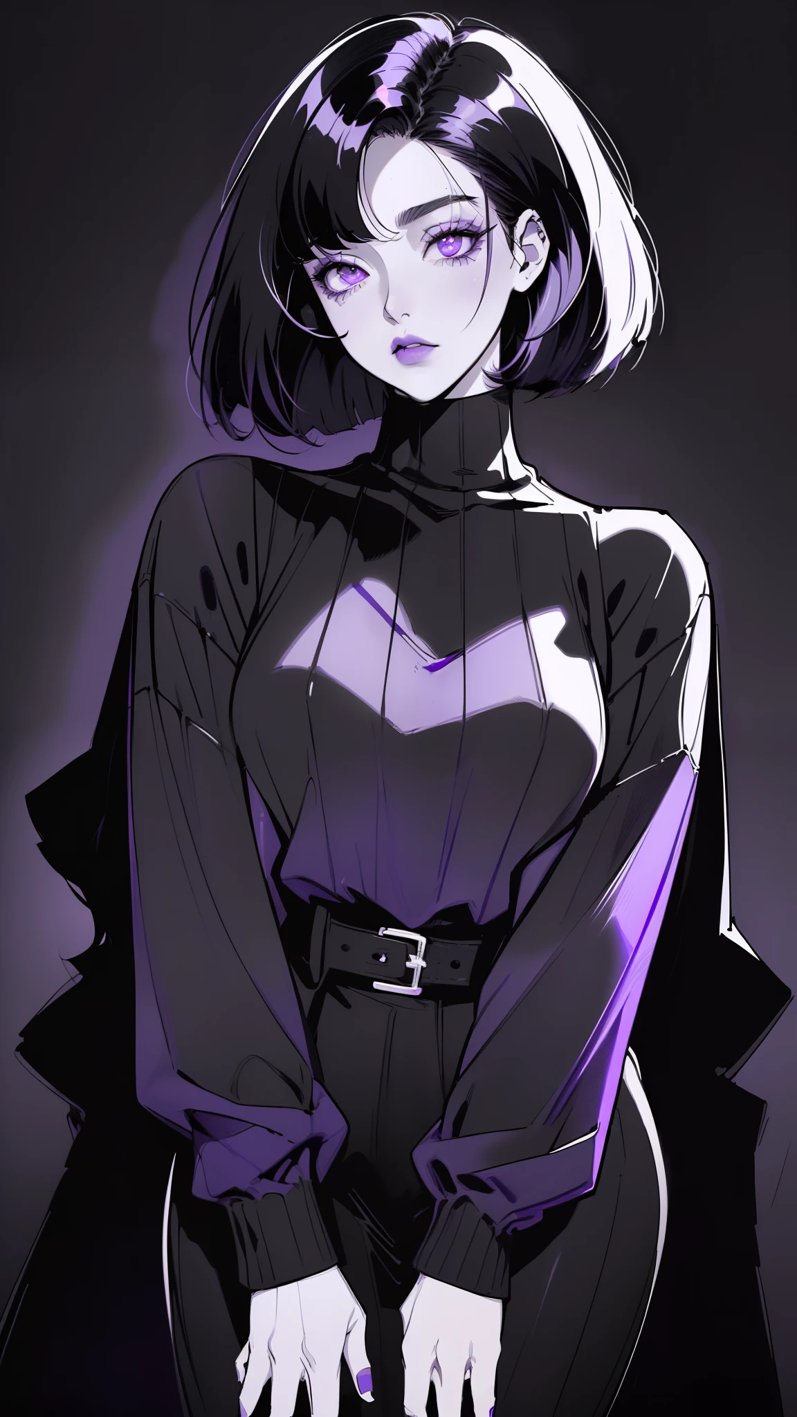 (best quality, sketch:1.2), dark monochrome background, anime,illustrator,anime,1 girl, detailed lips,sweater,custom, ( background dark),neon hair,textured cropping,Canadian, masterpiece, style retro classic, noir dark, art, sketch book, (bob hair purple:1.35, black:1.55), bad women 