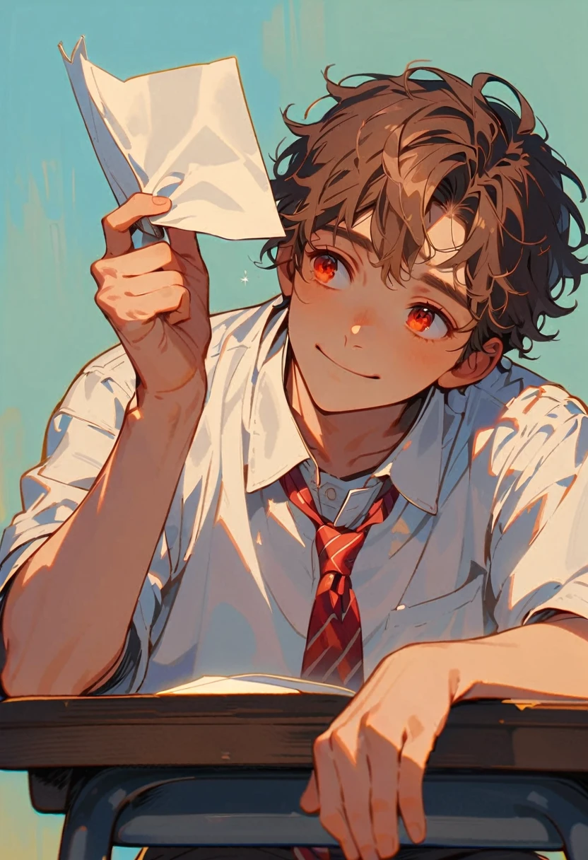 a guy, sitting with his head down on the student desk facing the screen, short brown hair, red eyes looking up and smiling, wearing a white shirt, red striped tie, holding a piece of paper and holding hands
