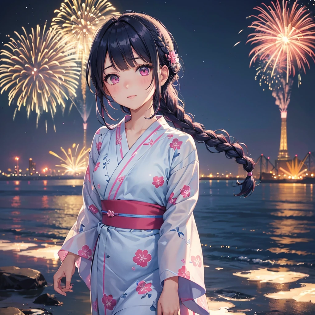 Sky Blue Medium Hair, (Braided Hair),(Pink Eyes),Fair skin ,(whole body),(1 girl)、Floral Yukata、summer night、Extra-large fireworks filling the night sky、Big fireworks、Straight bangs,(masterpiece, Highest quality, Very detailed, Best Shadow), (Detailed Background), (Beautifully detailed face), High Contrast, (Best lighting, Very delicate and beautiful), ((Cinematic Light)), colorful, Hyper Detail 8k, Dramatic Light, Intricate details,Fireworks reflecting on the surface of the water
