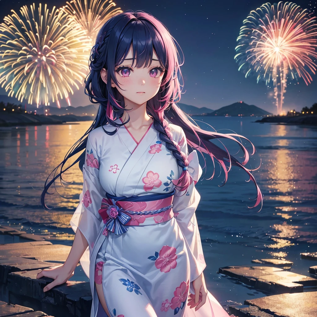 Sky Blue Medium Hair, (Braided Hair),(Pink Eyes),Fair skin ,(whole body),(1 girl)、Floral Yukata、summer night、Extra-large fireworks filling the night sky、Big fireworks、Straight bangs,(masterpiece, Highest quality, Very detailed, Best Shadow), (Detailed Background), (Beautifully detailed face), High Contrast, (Best lighting, Very delicate and beautiful), ((Cinematic Light)), colorful, Hyper Detail 8k, Dramatic Light, Intricate details,Fireworks reflecting on the surface of the water