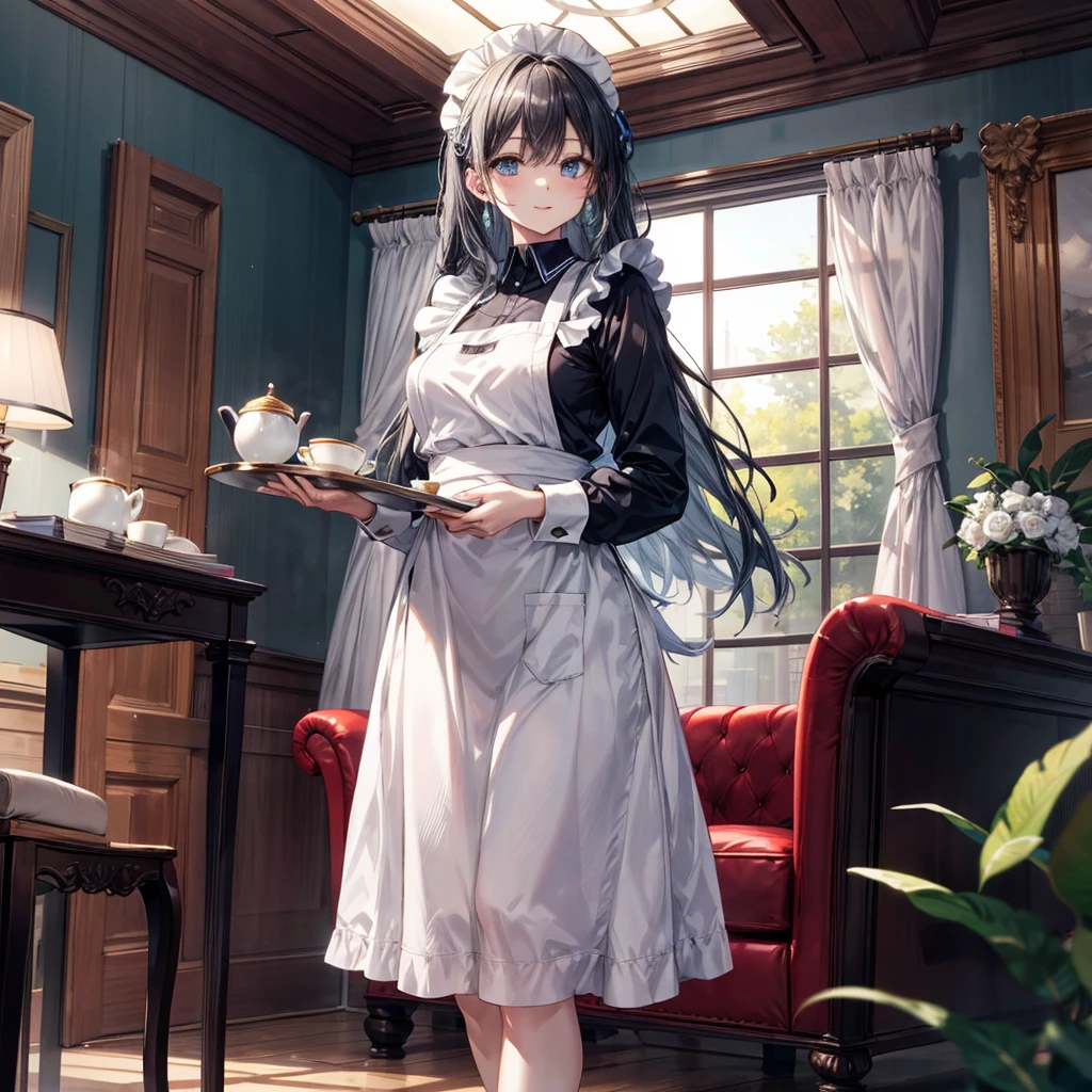 (masterpiece, Highest quality, Highest Resolution, clear_image, Detailed explanation): A mature and elegant maid in her late twenties with long, flowing black hair in a neat updo. She has captivating blue eyes and a warm, intelligent smile. Wearing a refined navy blue and white maid uniform with a modest knee-length skirt and a crisp apron. Standing professionally in a luxurious living room, holding a silver tea tray. Her posture and expression convey both competence and approachability. The lighting is soft, highlighting her graceful features and the professional atmosphere.